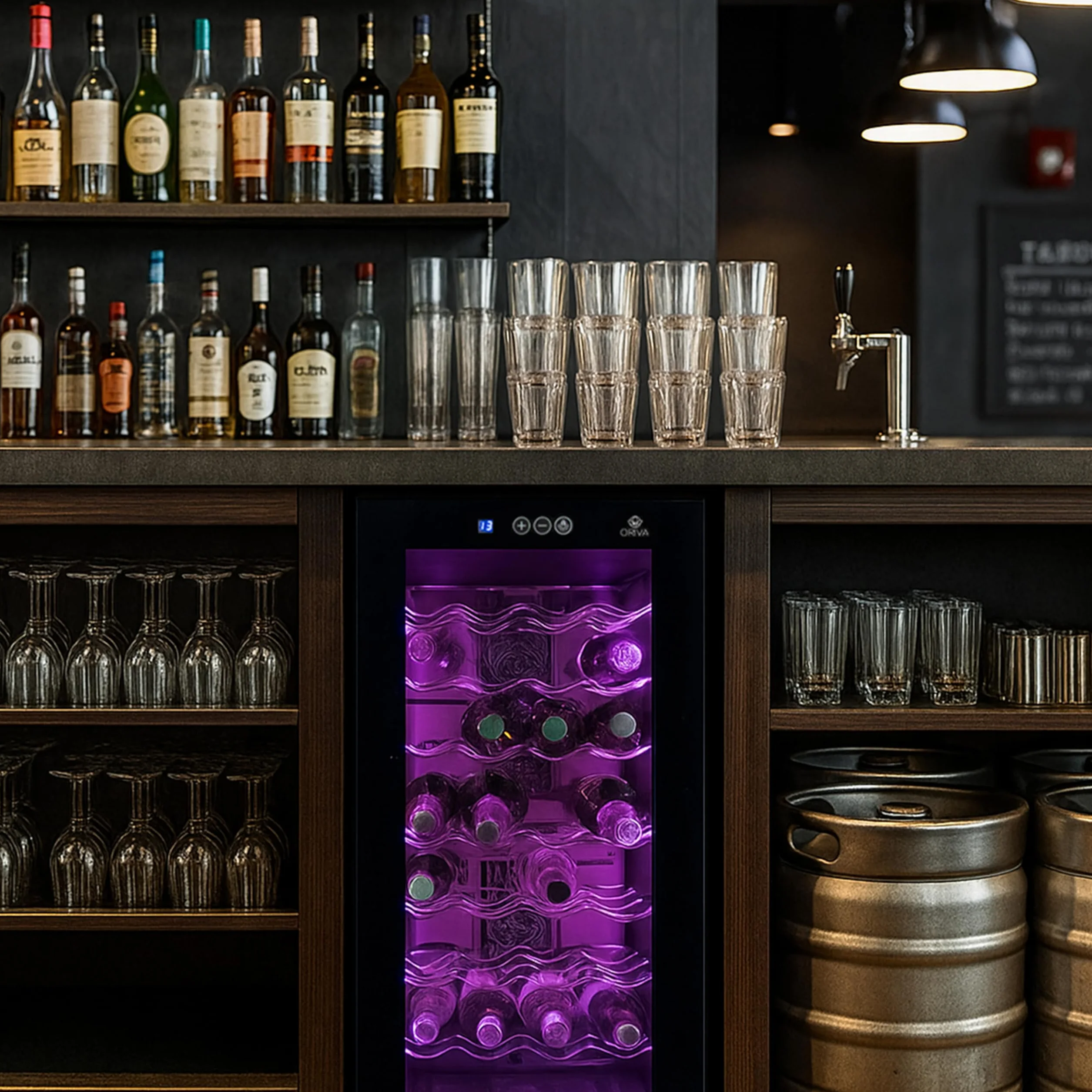 Vinoteca Oriva 78L | Capacidad 28 botellas | LED multicolor sincronizable con música | Control digital |Refrigeración termoeléctrica 8–18 °C | Mando a distancia | Diseño moderno silencioso y compacto