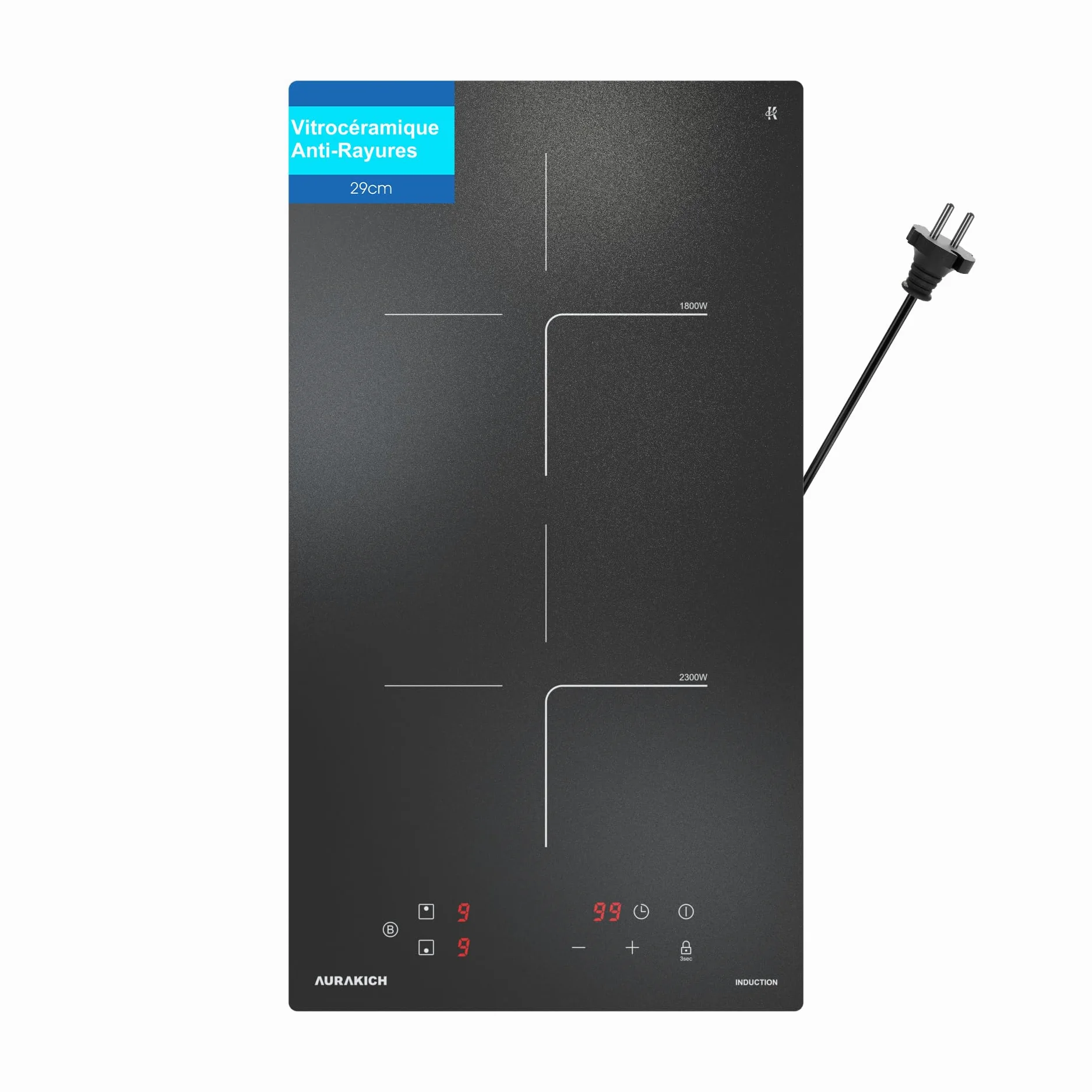 Placa de inducción con 2 fuegos, placa de cocción eléctrica empotrable, 3800 W, cristal antiarañazos con rascador, temporizador de 1 a 99 min, Boost, seguridad infantil, 2 años