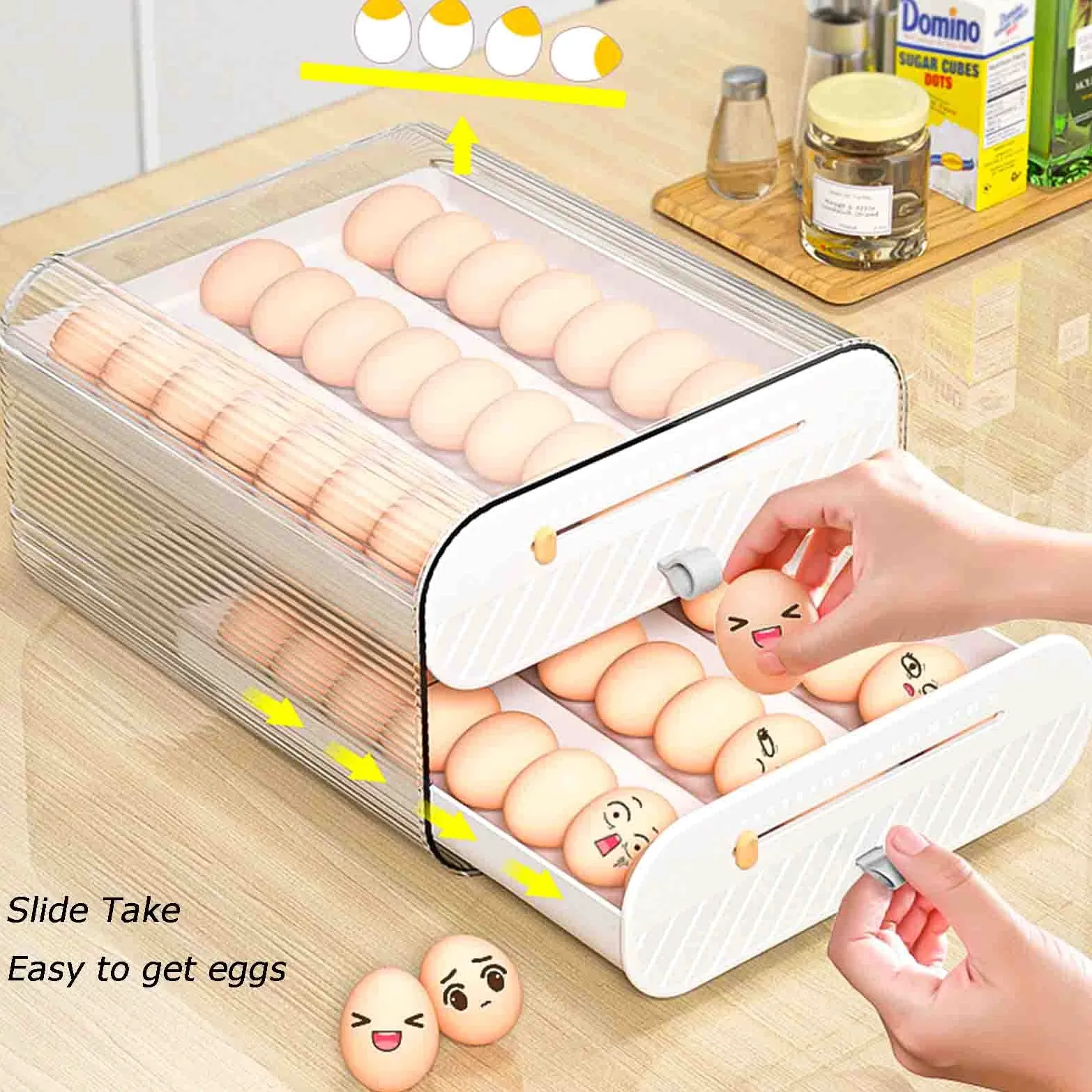 Contenedor de almacenamiento de huevos, cajón de 2 capas para refrigerador, bandeja de plástico apilable con capacidad para 36 huevos con asas, diseño deslizante