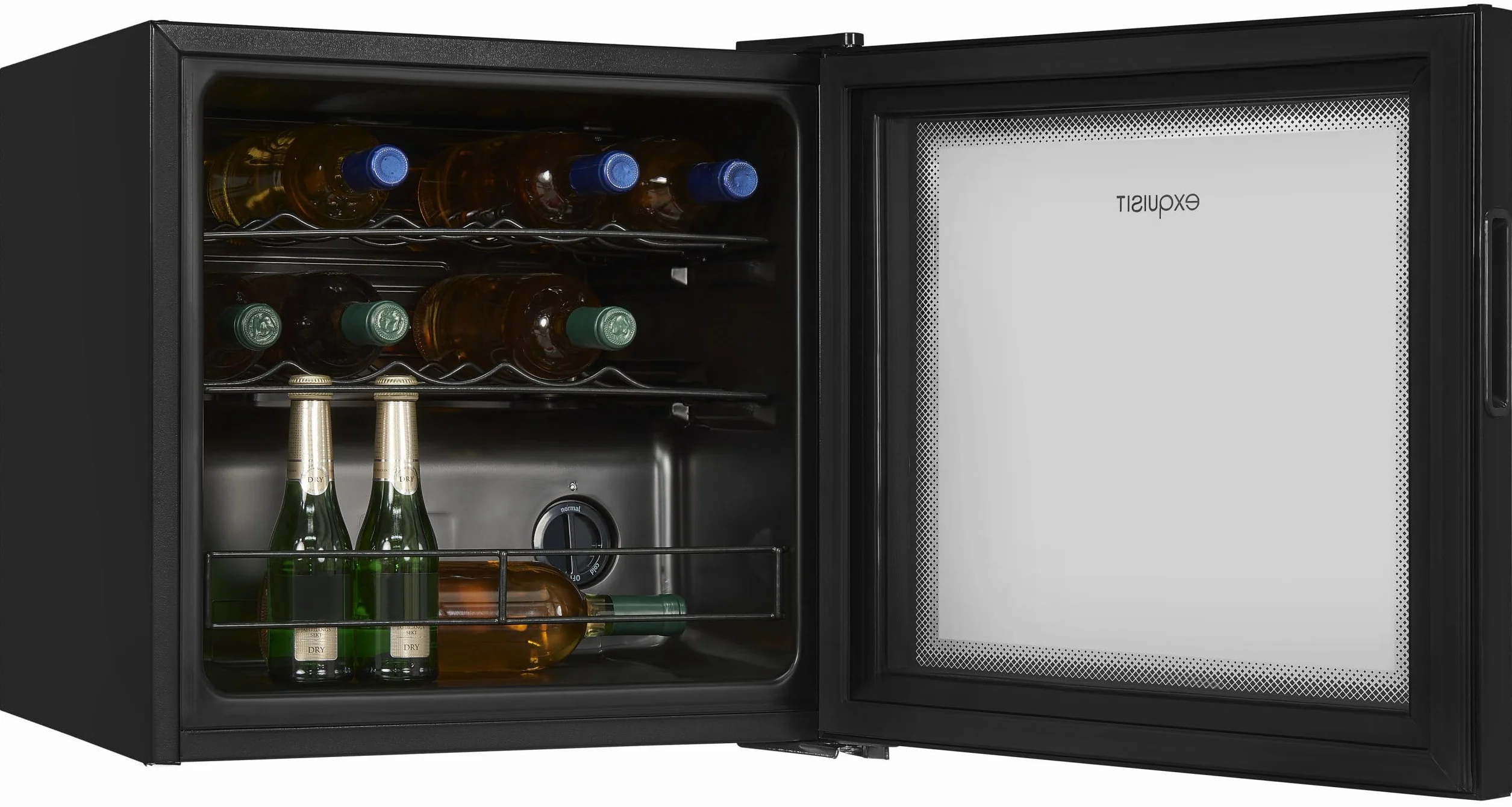 Exquisit® Vinoteca, 12 Botellas, Clase G, Rango de Temperatura de 5ºC a 18ºC, 2 Estantes Metalicos, Tirador Integrado, Altura Regulable, Consumo 130 kWh/año, Medidas 49,2x48x44 Cm.