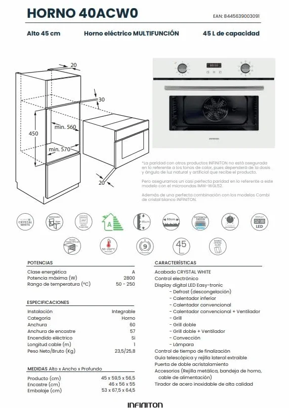 INFINITON Horno Multifunción 45 Litros 2800 W Grill Encendido Eléctrico Blanco