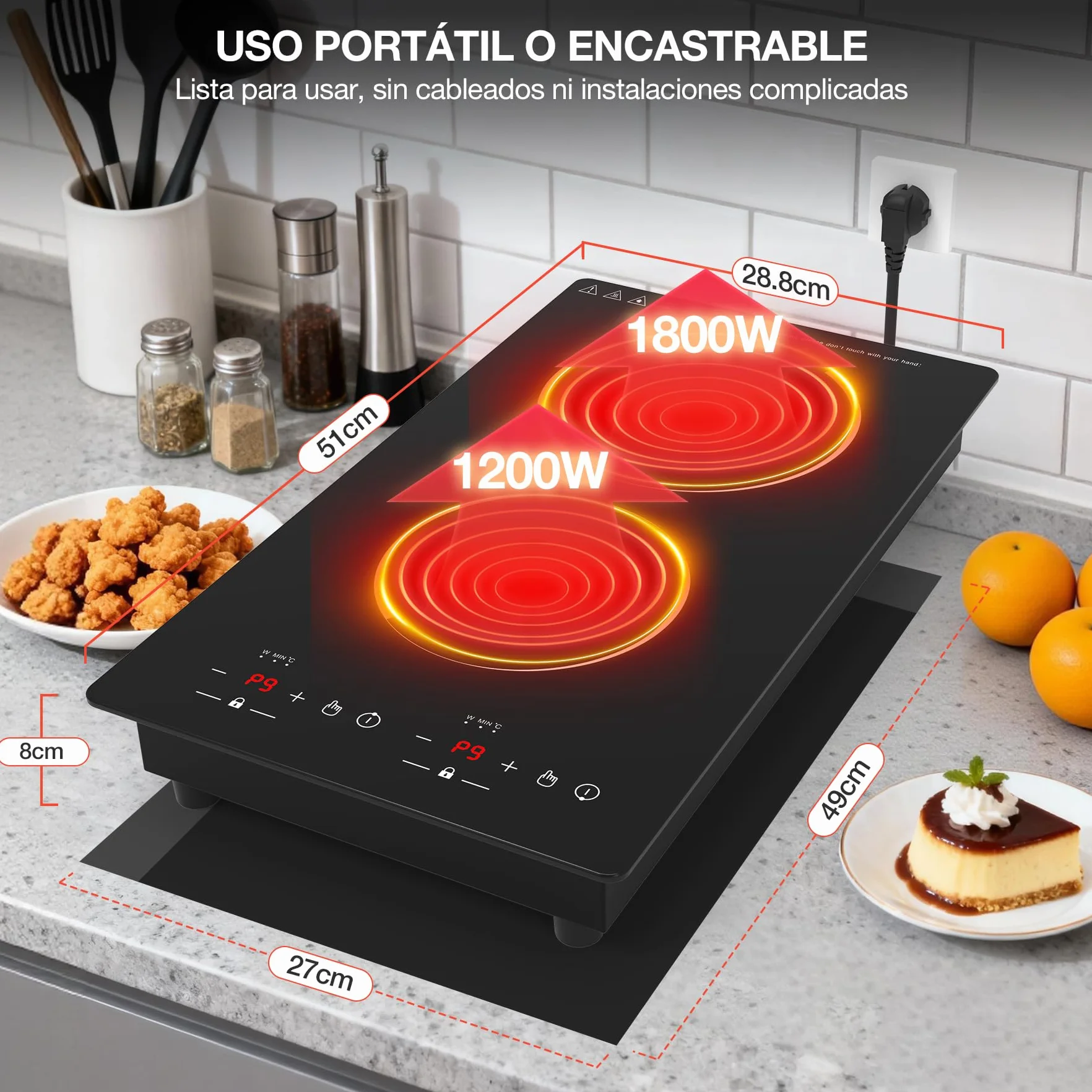 Placa de Inducción 2 Fuegos 3000W, Placa de Cocción Eléctrica 220-240V 51cm con 9 Niveles de Potencia y Temperatura, Temporizador & Indicador de Calor Residual - Encastrable o de Sobremesa