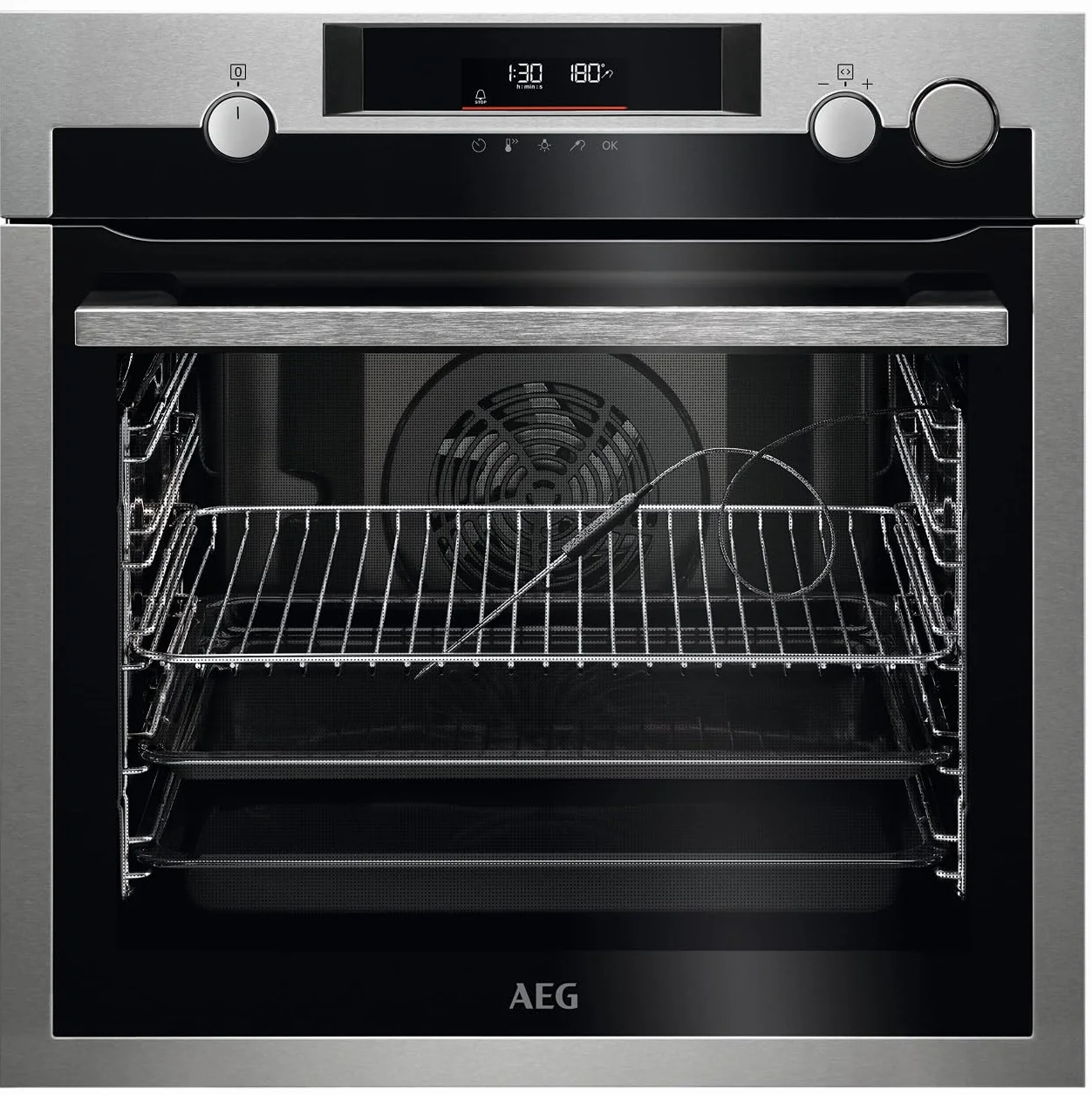 AEG BPE577161M Horno Eléctrico Multifunción, 72 L, Limpieza Pirolítico, Integrable, Sonda Térmica, Función a Vapor, Display LCD Táctil, Ventilador XXL, Inox Antihuellas, Clase A+, Fabricado en DE
