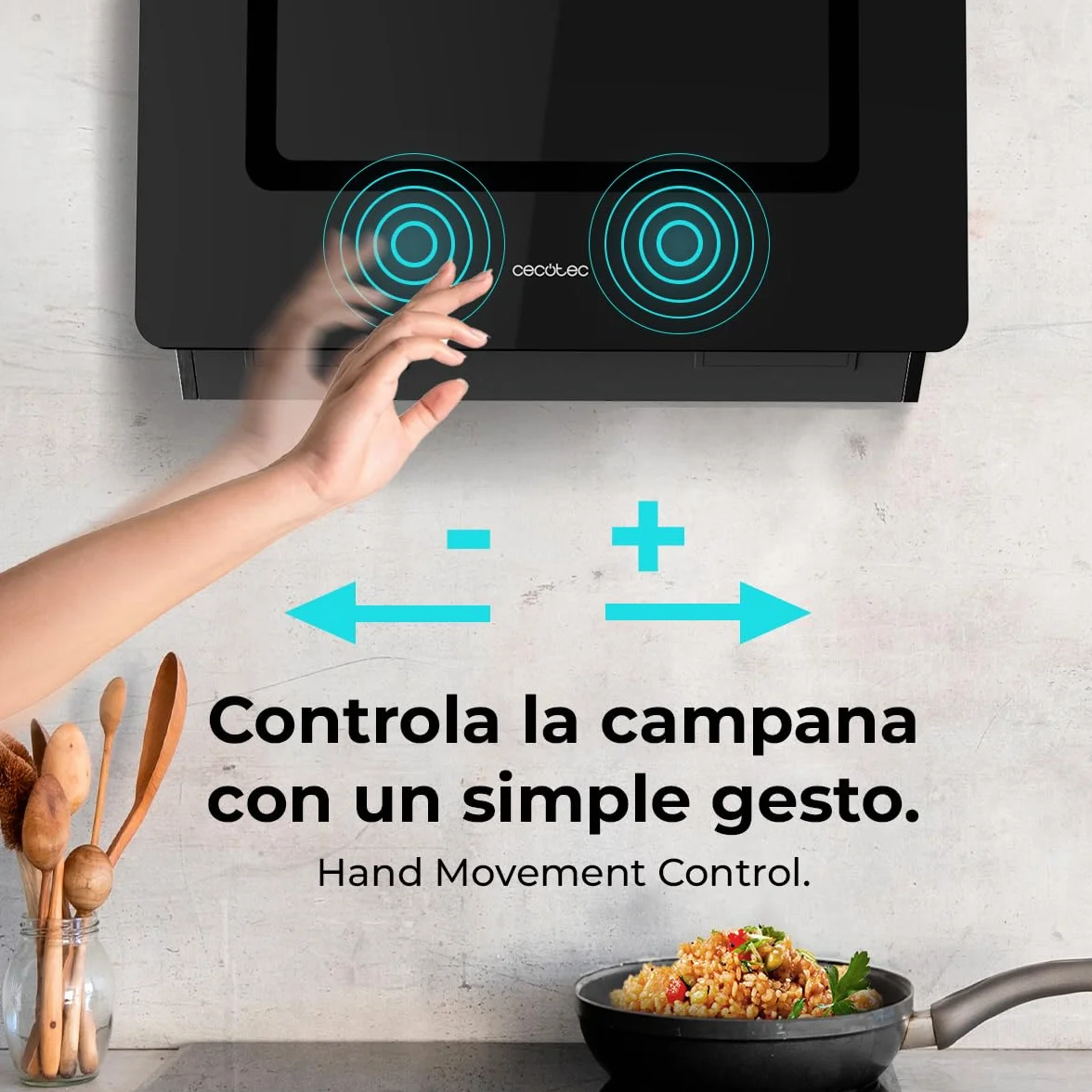 Cecotec Campana Extractora Decorativa 60 cm Bolero Flux DT 608002 Glass Black A++, 210W, Iluminación LED, Succión 800m3/h, Control Táctil, 3 Niveles, Filtro Carbono, Hand Movement, Delay Function