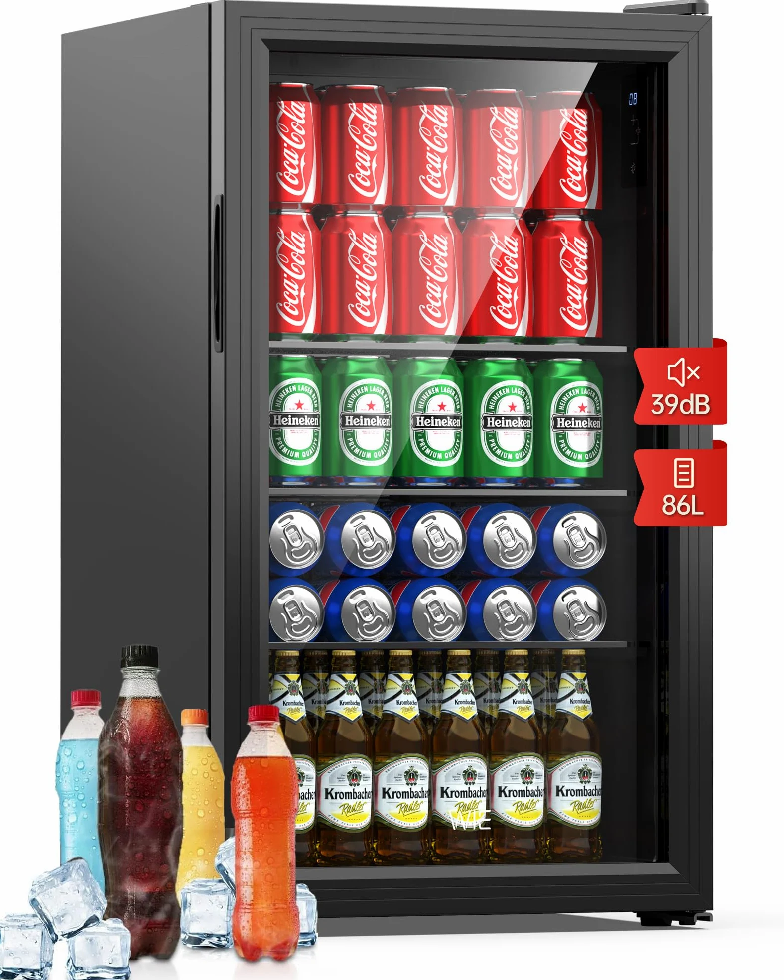 WIE Nevera Pequeña, Refrigerador de Bebidas con Puerta de Vidrio, 3 Estantes Ajustables, Control Inteligente, Puerta Reversible, Frigorificos Pequeños para Inicio/Bar/Oficina/Hotel (Negro 86L)