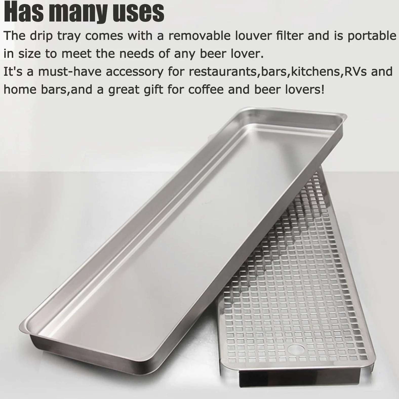 Bandeja de goteo para Kegerator, bandeja de goteo de cerveza de acero inoxidable, diseño rectangular, sin drenaje, ideal para bar en casa o mini nevera, 40 cm de longitud