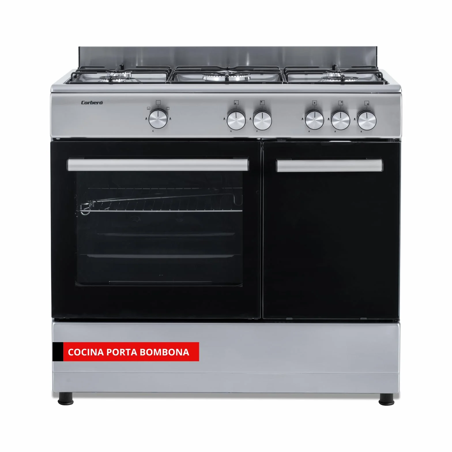 Corbero - Cocina de gas butano 5 fuegos | CC510GB90X | 80x90x60 | Horno de 60L con puerta doble | Wok en medio| Encendido Manual | Cajón calientaplatos| Bandeja y parrilla cromados |Con tapa| Inox
