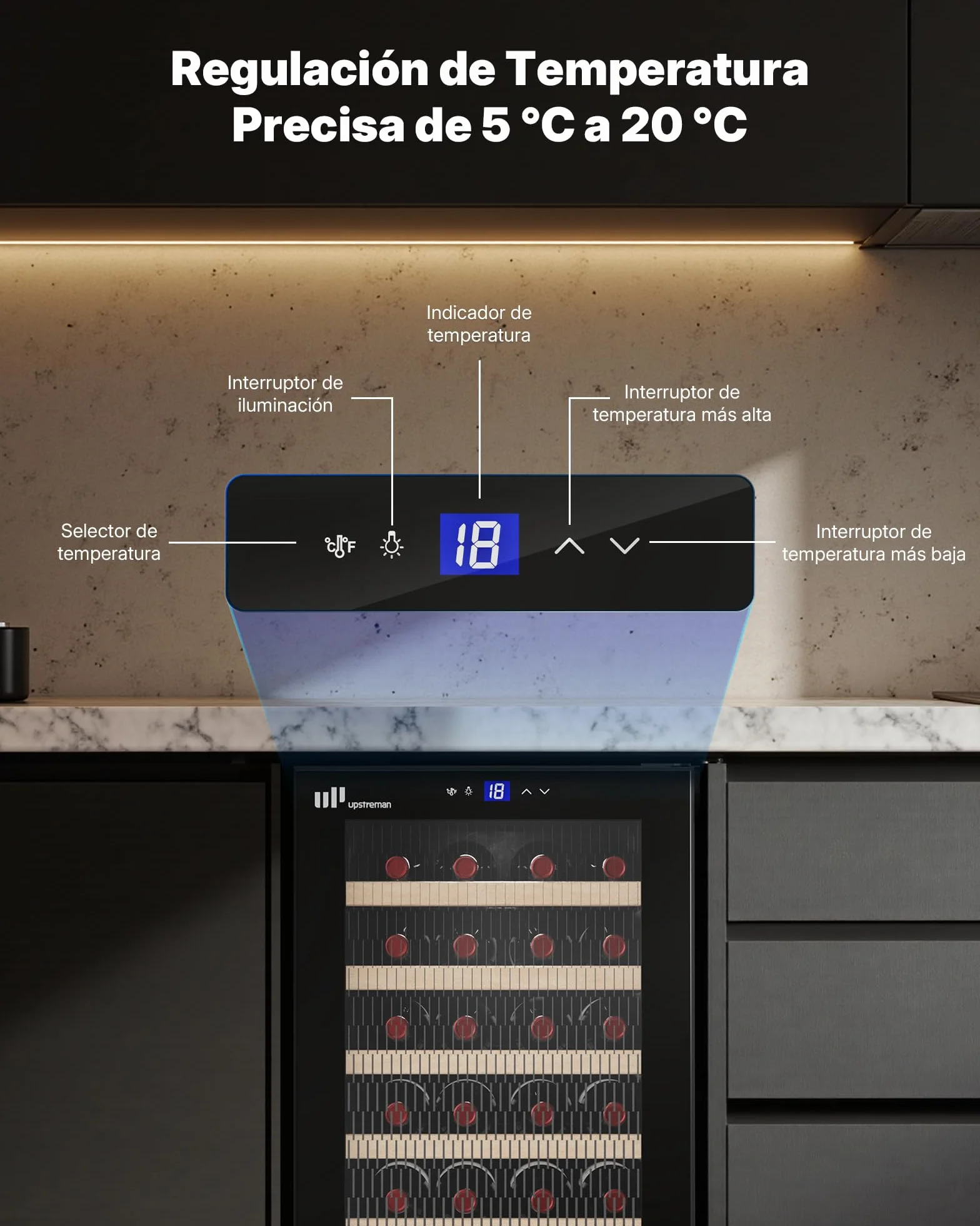 Upstreman Vinoteca para 24 Botellas, 5°C - 20°C Ajustable, Empotrable & Bajo Encimera, Doble Acristalamiento, Pantalla Táctil, Iluminación LED, 5 Baldas, Bodega de vino Negro W24