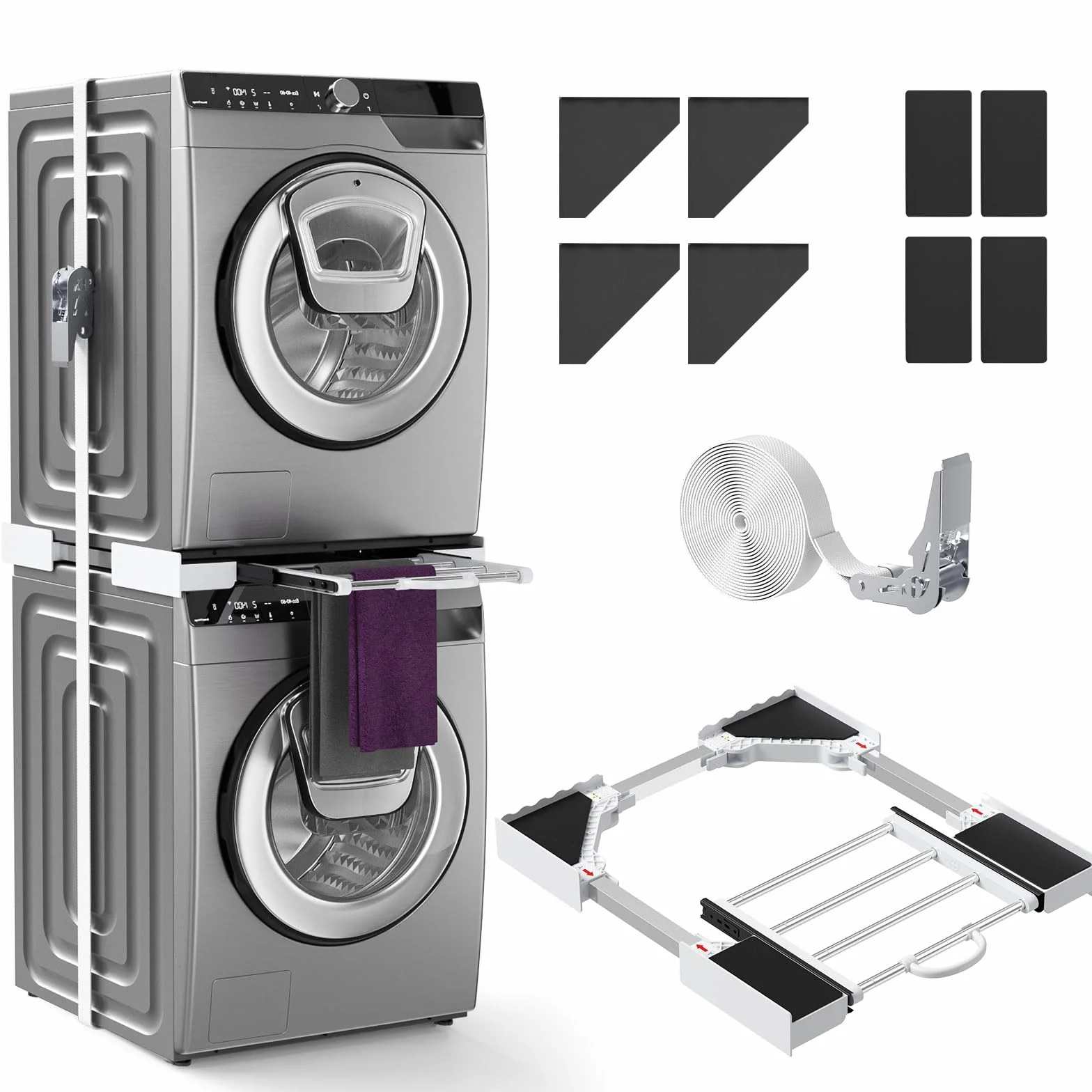 Kit universal de unión para lavadora y secadora con estante deslizante, kit universal de estanterías apiladas con trinquete y marco intermedio ajustable para lavadoras de 46-72 cm