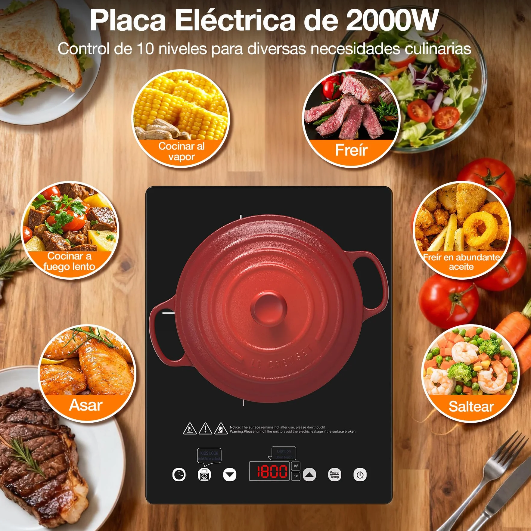 Placa Vitrocerámica 1 Fuego 2000W: Hornillo Eléctrico Portátil con 10 Niveles de Potencia y Temperatura, Temporizador, Compatible con Todas las Ollas, ideal para camping, cocina y oficina