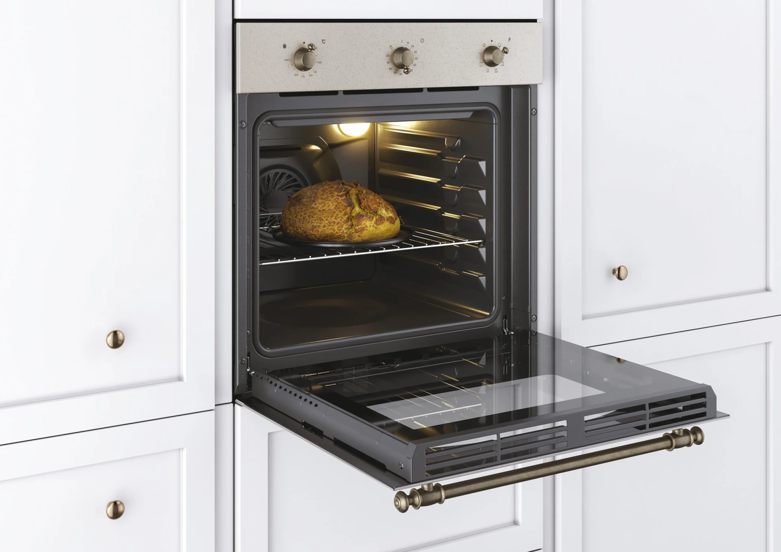 Candy FCC603NAV - Horno eléctrico empotrable, ventilado, capacidad 65 litros, multifunción y función pizza, 8 programas, 56,8 x 59,5 x 59,5 cm, estilo rústico, avena, clase A+