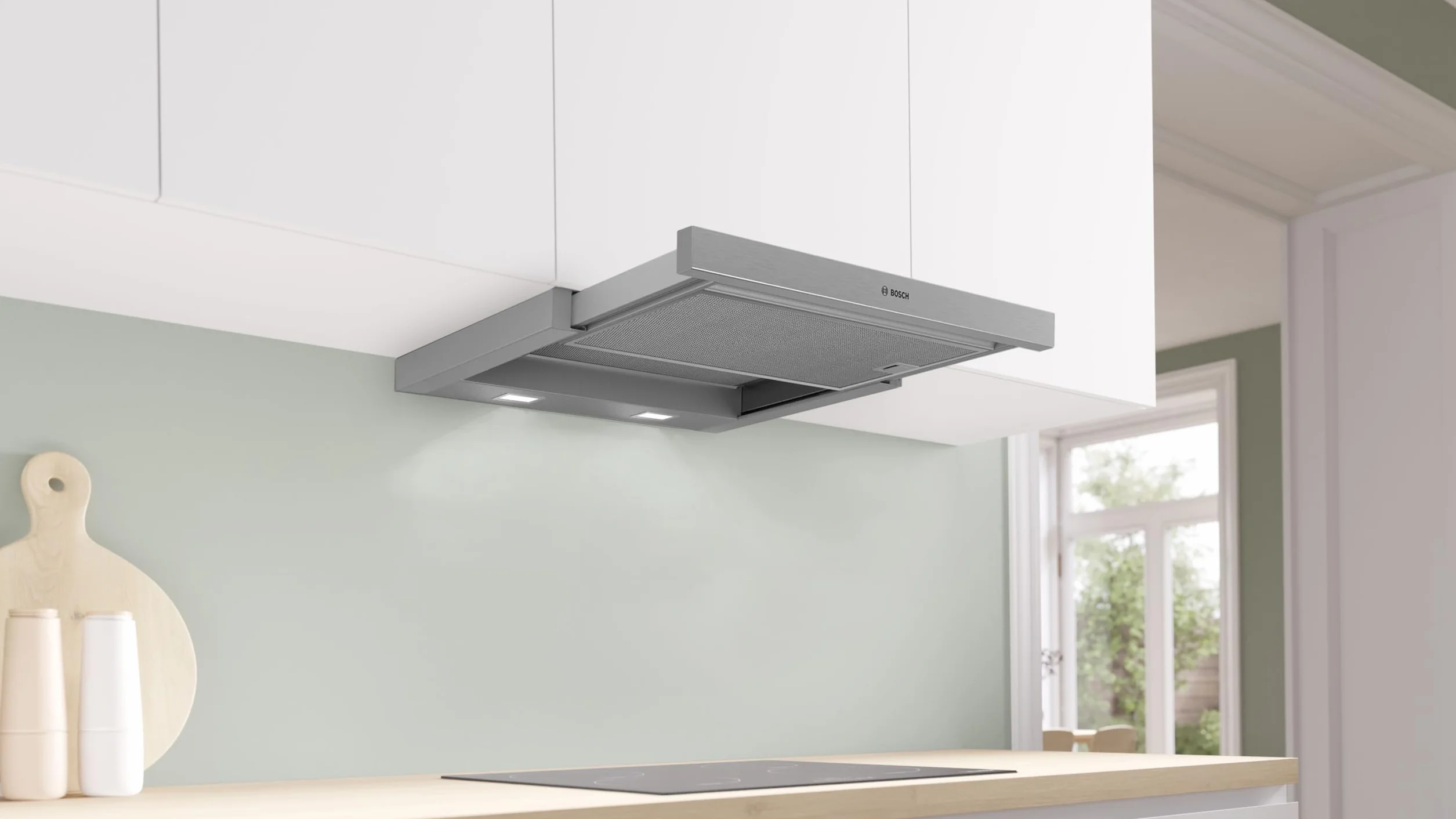 Bosch DFR067A52 Serie 4 - Campana de pantalla plana, 60 cm de ancho, circulación y salida de aire, fabricado en Alemania, motor EcoSilence Drive silencioso y eficiente, iluminación LED uniforme,
