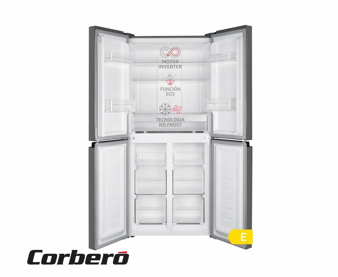 Corberó - Frigorífico 4 Puertas | CF4PH4823NFX | No Frost | Inverter | 362L | 180 cm | Display Puerta | Fresh Box | Crisper | Fresh Box Convertible | Estantes de Cristal | Función Eco | Inox