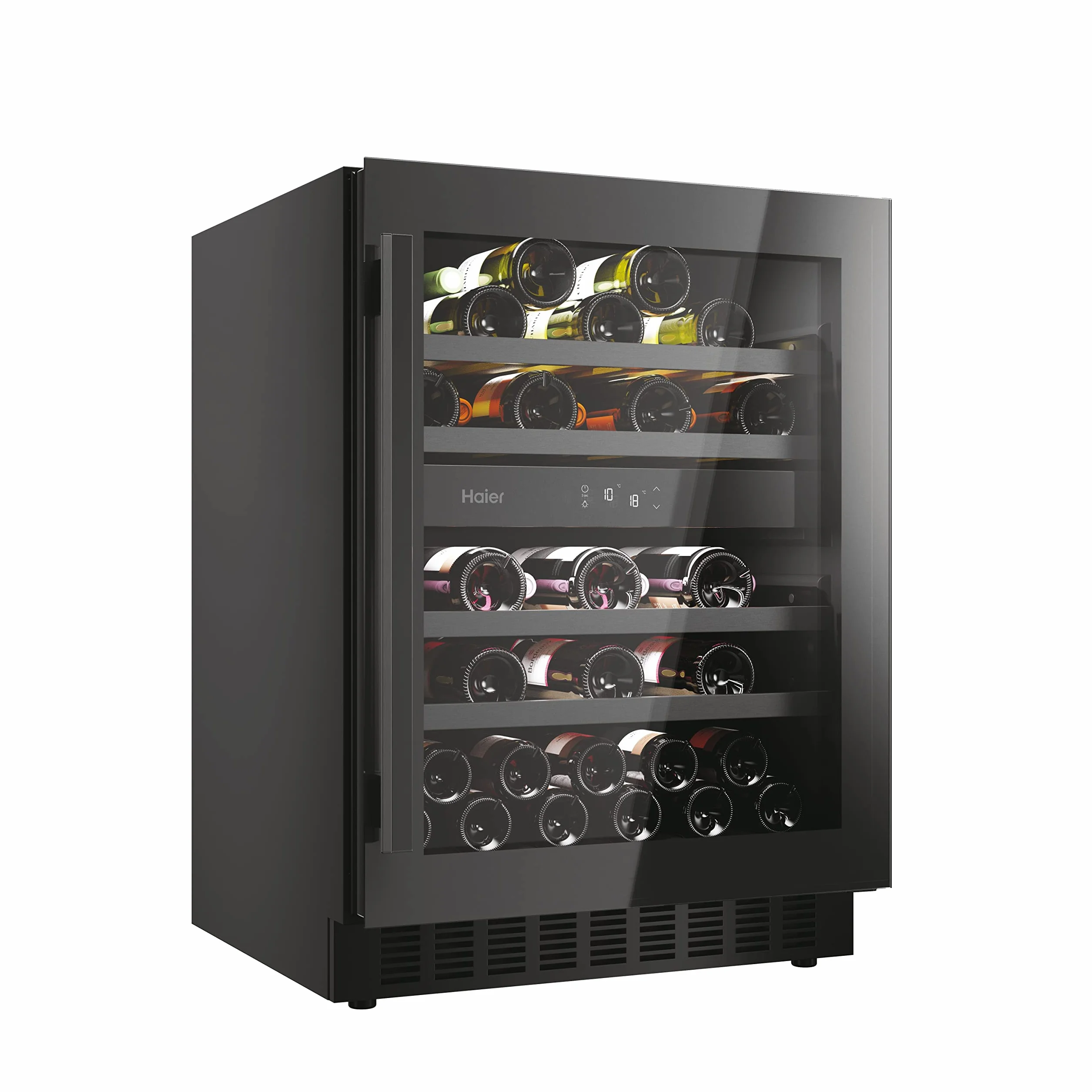 Haier Wine Bank 60 Series 6 HAKWBD 60 Vinoteca de integración de 44 botellas, 2 Zonas, Estantes de madera, Filtro Anti-UV, Refrigeración por Compresor, Display Digital, Iluminación LED, 38 dbA Negra