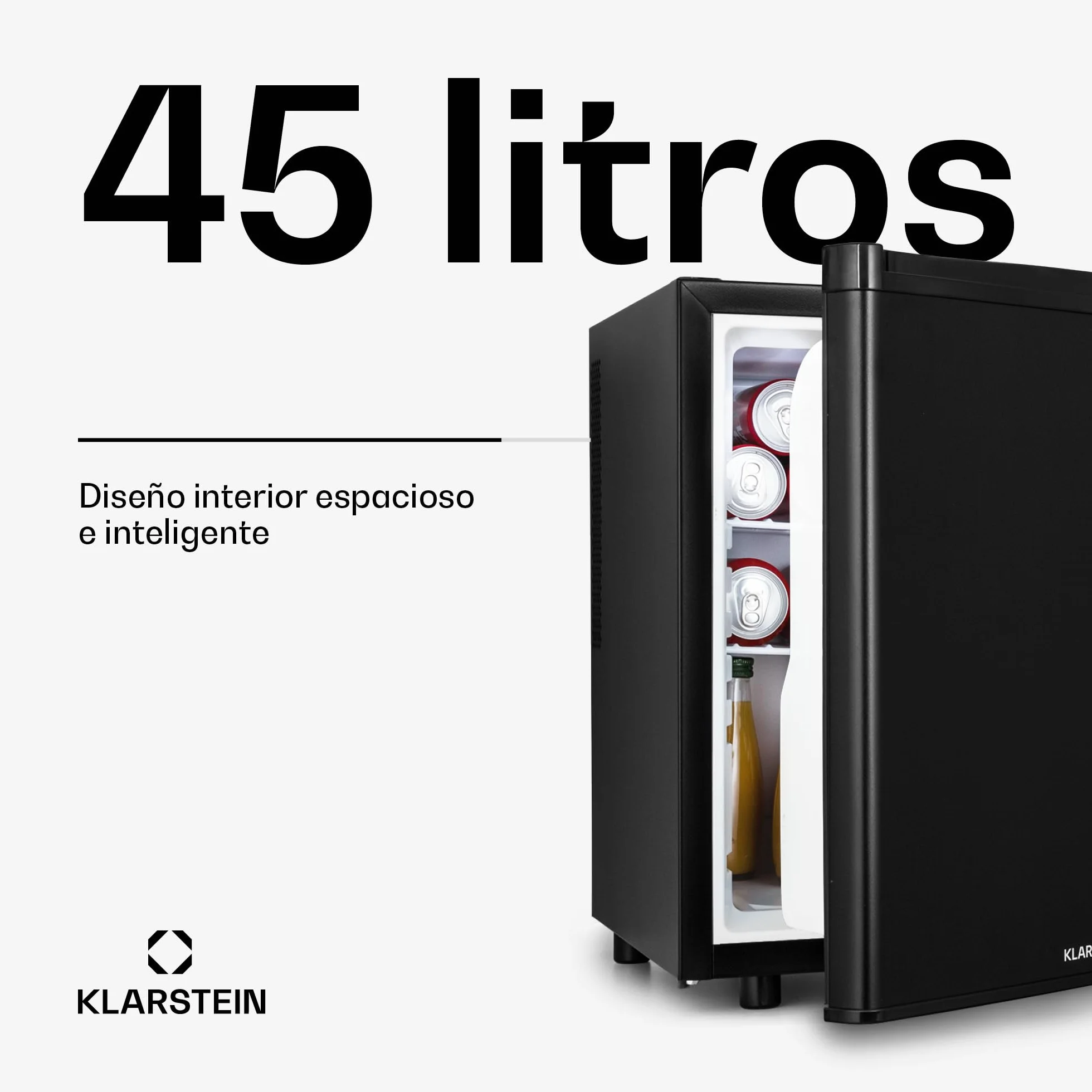 KLARSTEIN Happy Hour Mini Nevera para Dormitorio, Nevera Pequeña para Bebida y Comida, Neveras Pequeñas Iluminación Interior, Estantes Ajustables, para Habitaciones. Oficina, Camping, 6-18°C, 45L