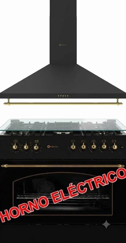 PACK SOLTHERMIC F9L50E5RB HORNO PANORAMICO ELECTRICO Y CAMPANA H90PR NEGRO RÚSTICO ACABADOS DORADOS / 90 CM/HORNO 115l