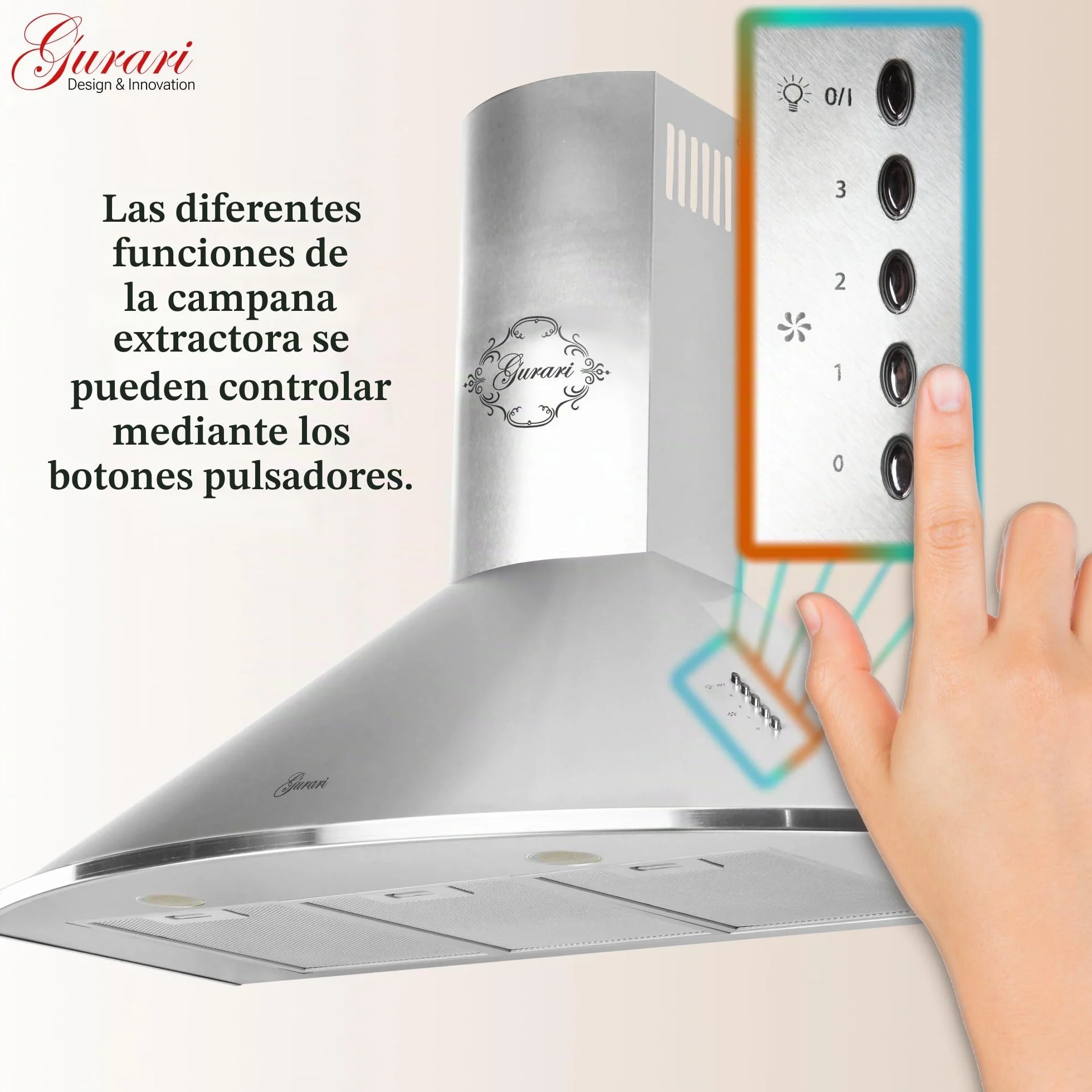 Gurari 046 IS Campana Extractora de Pared 90 cm • 1000 m³/h • Lujo • 3 Velocidades • LED • Acero Inoxidable • Recirculación Posible