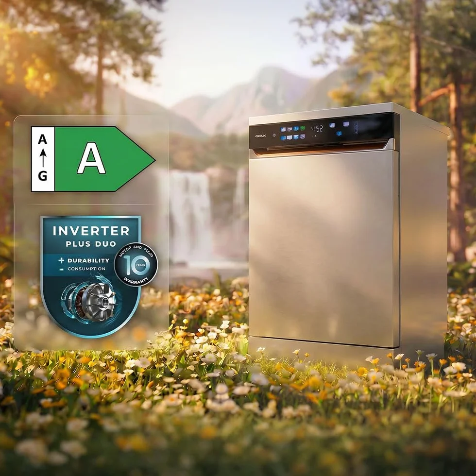 Cecotec Lavavajillas Independiente 60 cm Bolero Aguazero 6900 Inox 15 Cubiertos 8 Programas Clase A Motor Inverter Plus