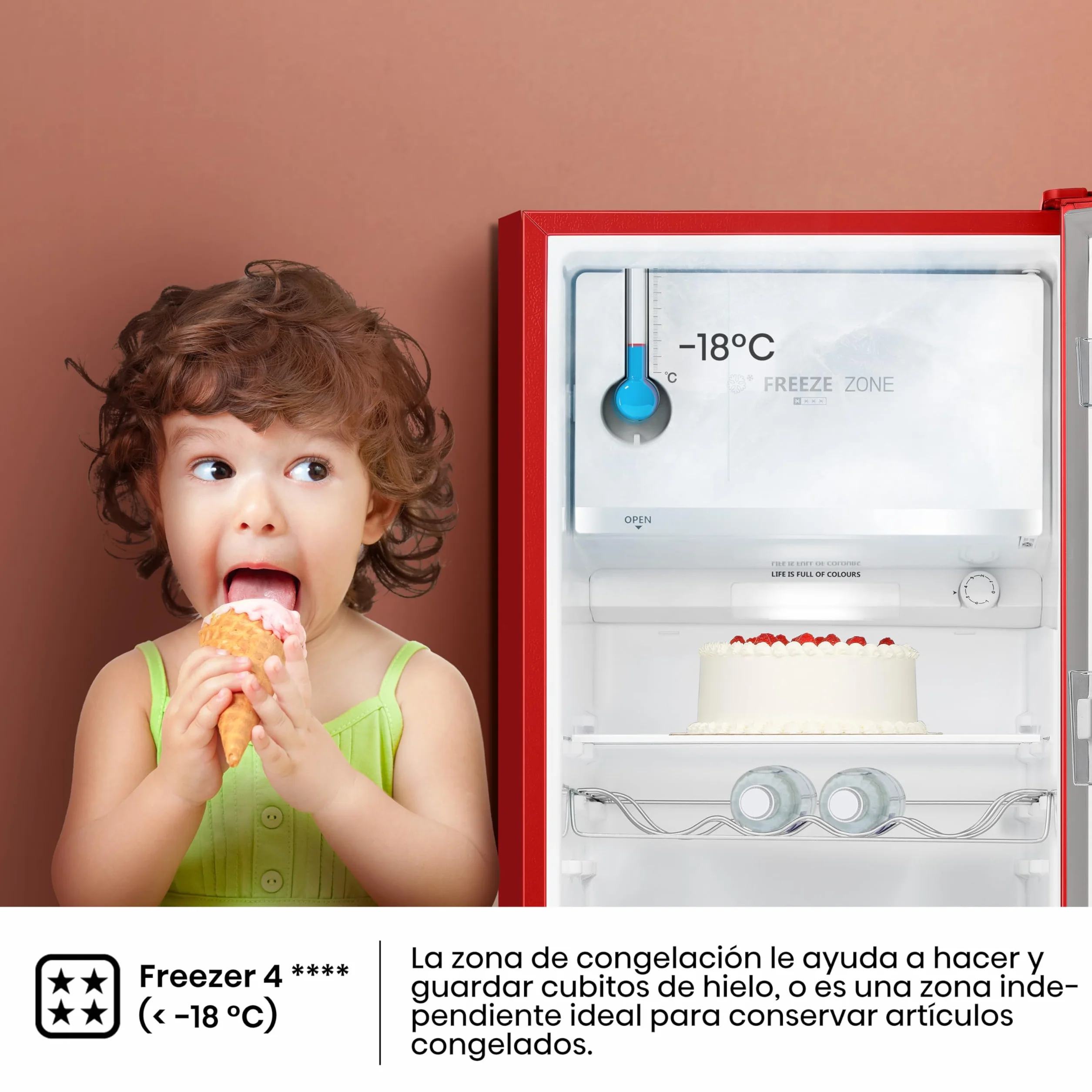 Hisense RR220D4BRE - Frigorífico Una Puerta, Congelador Freeze Zone, 165 L de capacidad, 128 cm alto, Class E, Botellero, Cycle Defrost (Cíclico), Cajón Frutas Y Verduras, Color Rojo