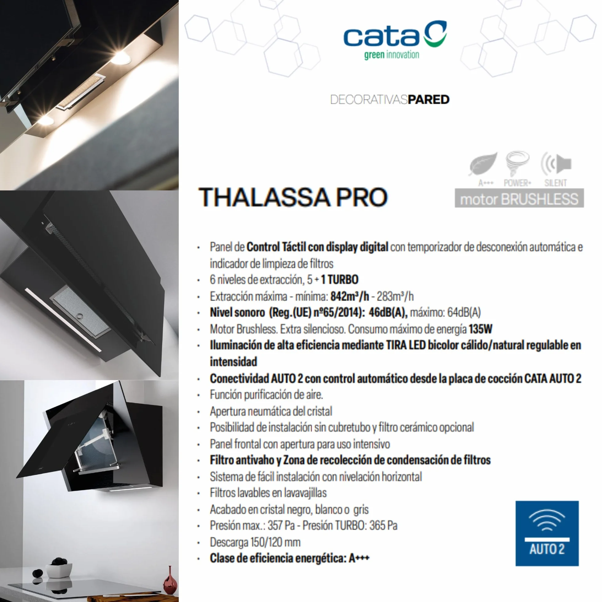 Cata Campana Extractora THALASSA PRO 900GR Control Táctil Display Digital 842m3/h Motor Brushless Silencioso LED Gris