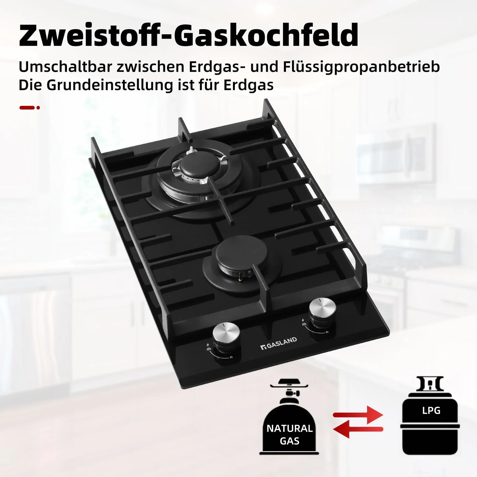 GASLAND GH2302BG1FC Placa de Cocina de Gas Butano, Encimera de Cristal Con 2 Fogones y Quemador Wok, Empotrable, Negra de 30 cm, 5,2 KW