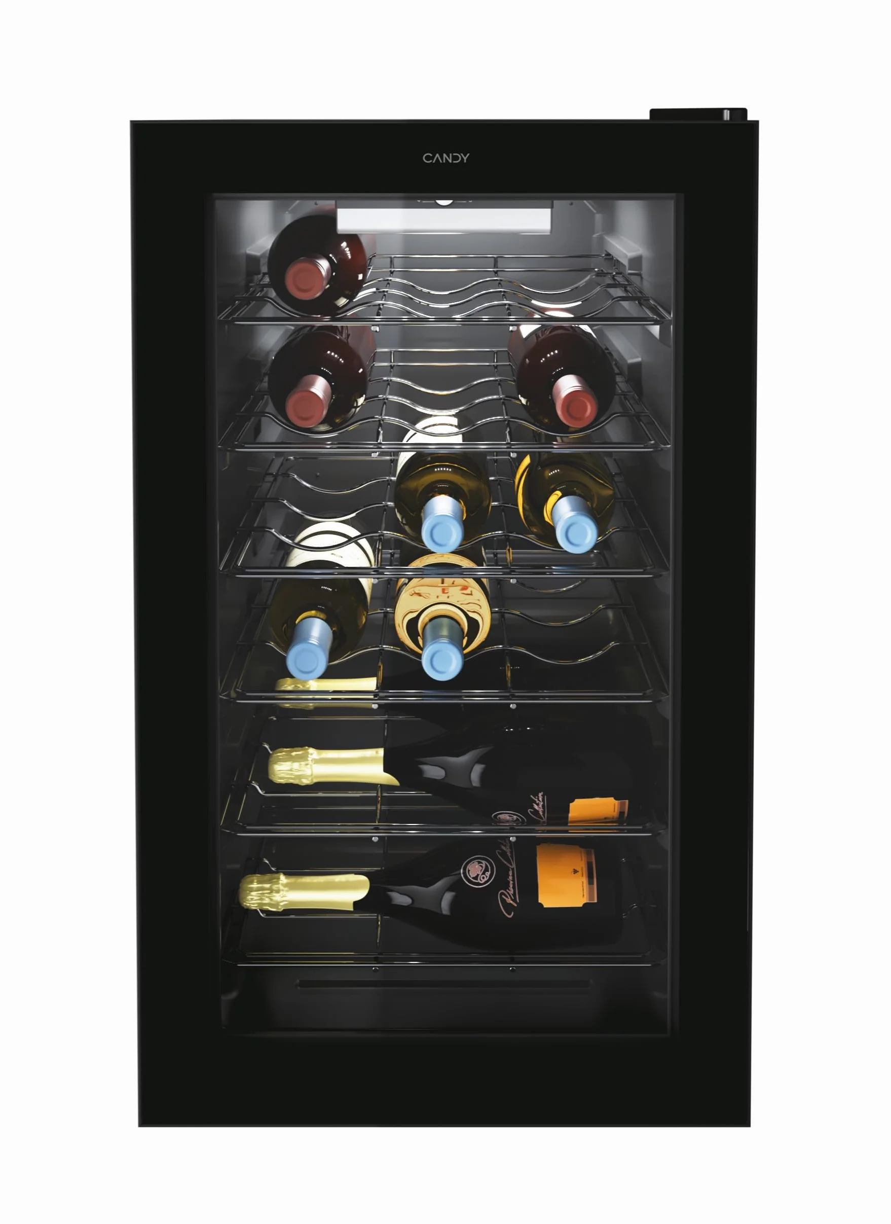 Candy DiVino CWC 021 M/NF Vinoteca Vino, 21 botellas, App HOn con tecnología Vivino, estantes cromados, 39 dB, Clase G, 40 x 55 x 70 cm, negro [Clase de eficiencia energética G]
