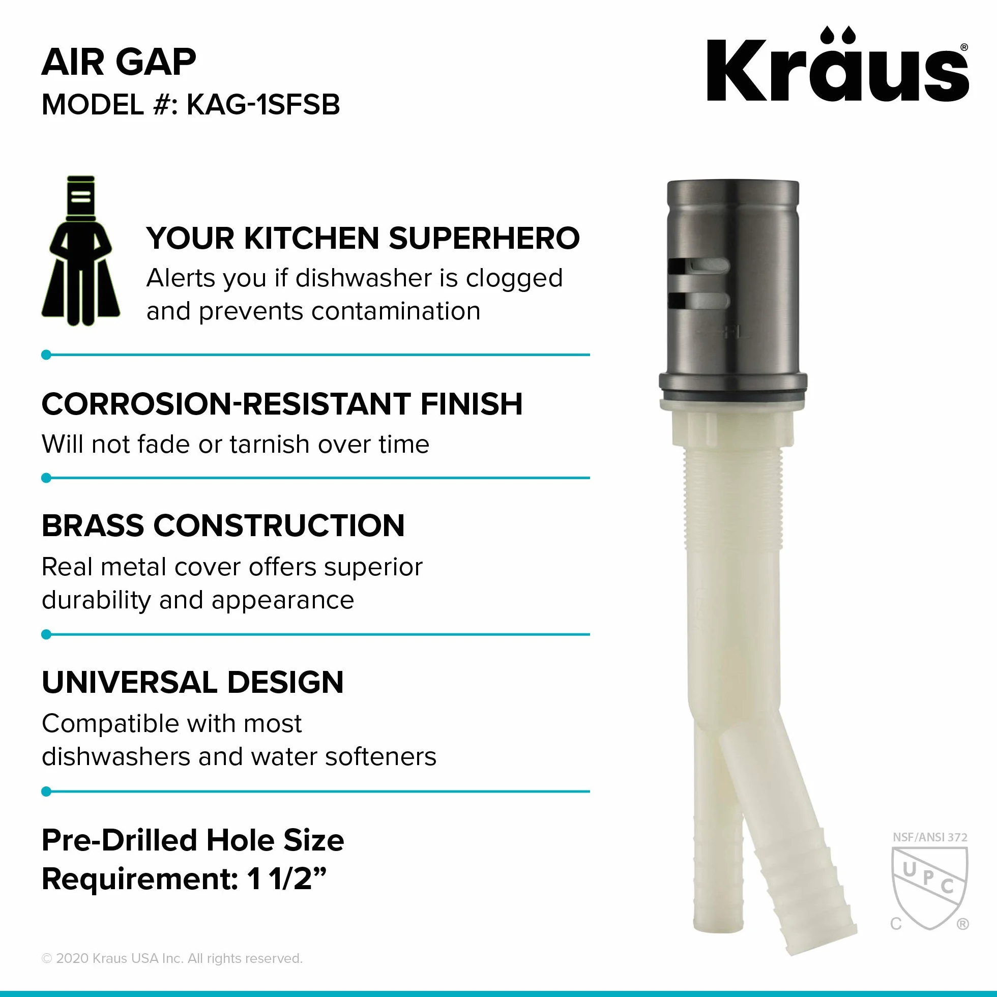 Kraus KAG-1SFSB Espacio de aire para lavavajillas negro sin manchas