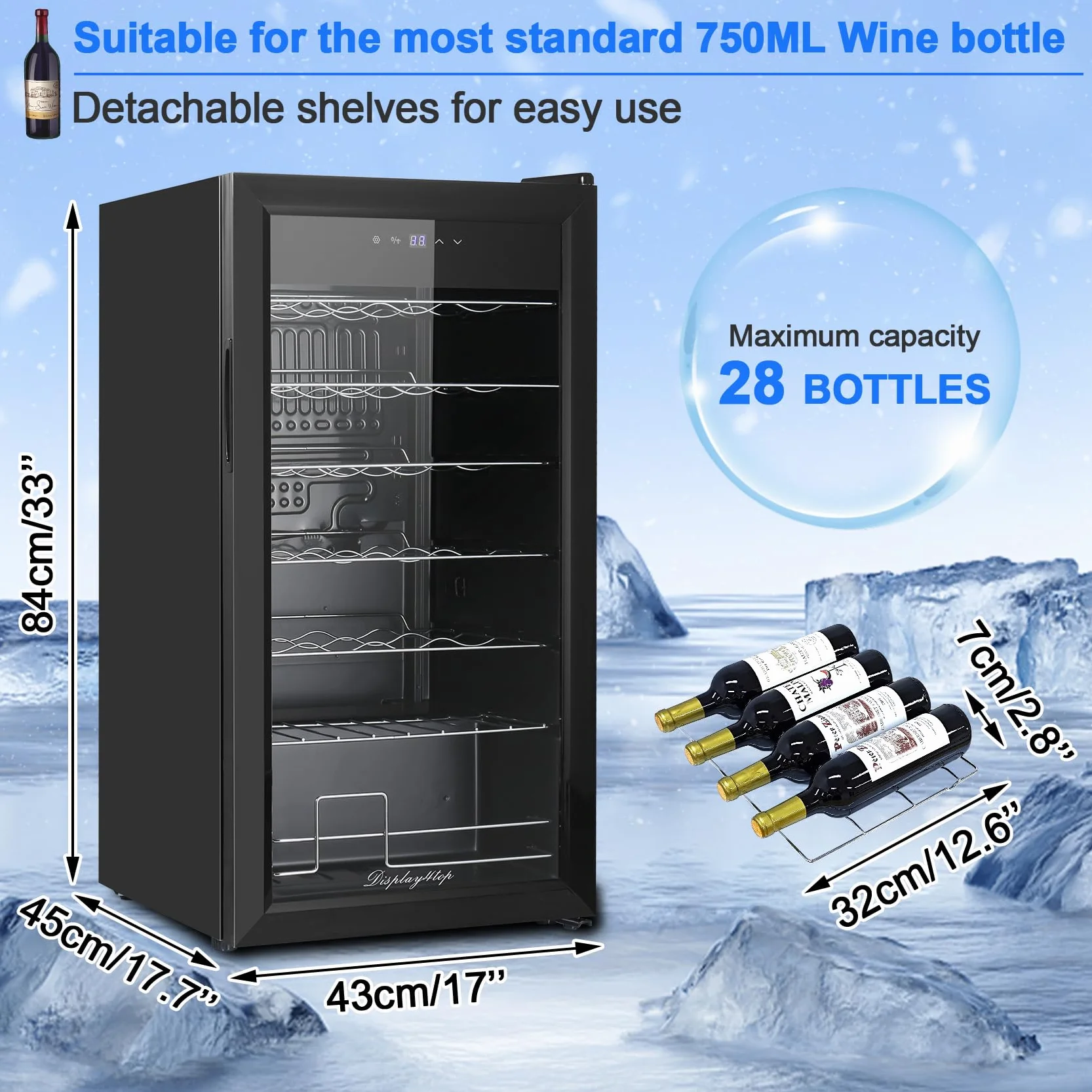 D4P Display4top Vinoteca Nevera para vinos 28 Botellas, puerta de vidrio templado, panel de termostato táctil (82L)