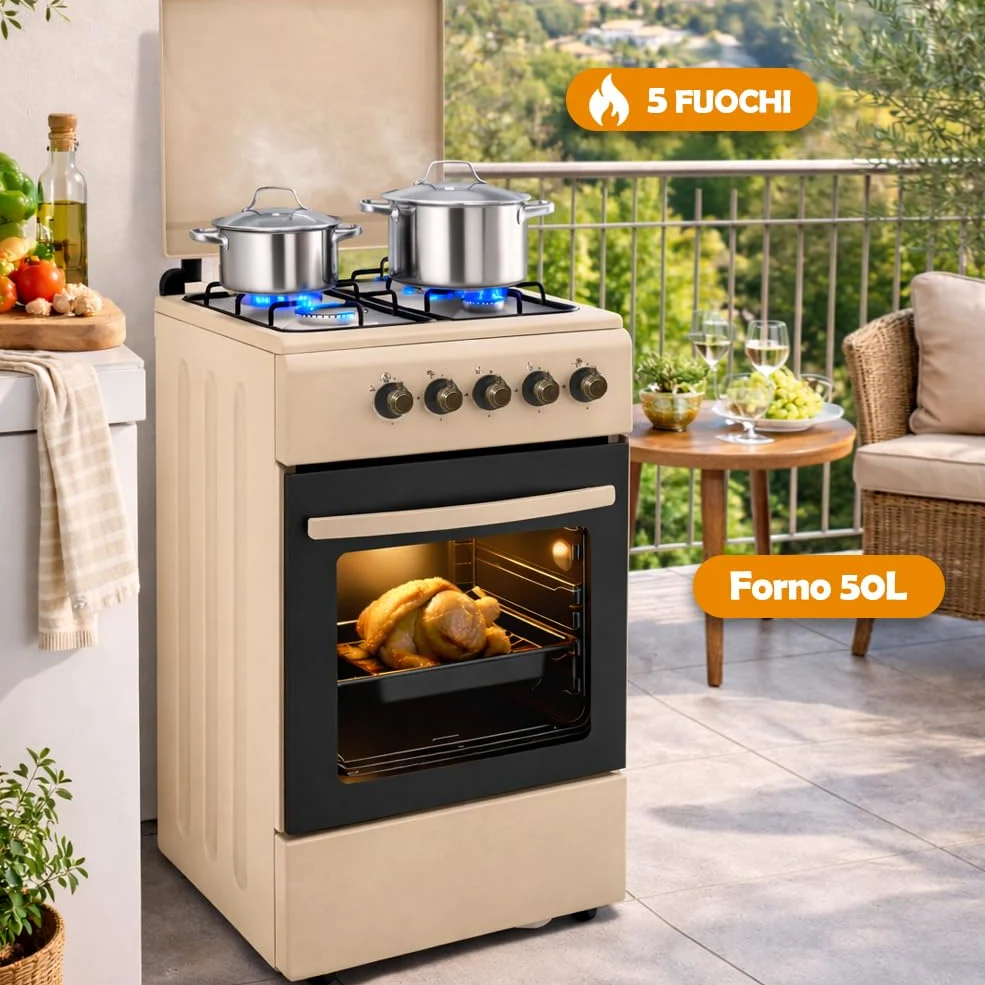 BAKAJI Cocina de exterior de alimentación a gas con horno y 4 fuegos, cocina con quemadores y parrillas extraíbles de hierro fundido con mueble y encendido ergonómico, ideal para exteriores e