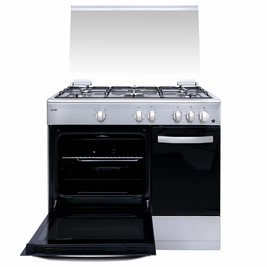 Svan Cocina Gas Butano 5 Zonas de Cocción, Horno 59 L, Inox SKGW5901PBX. Control Manual, Quemador WOK triple llama, 2 Programas de Cocción, Compartimento Bombona, Cristal en Puerta de Doble Capa