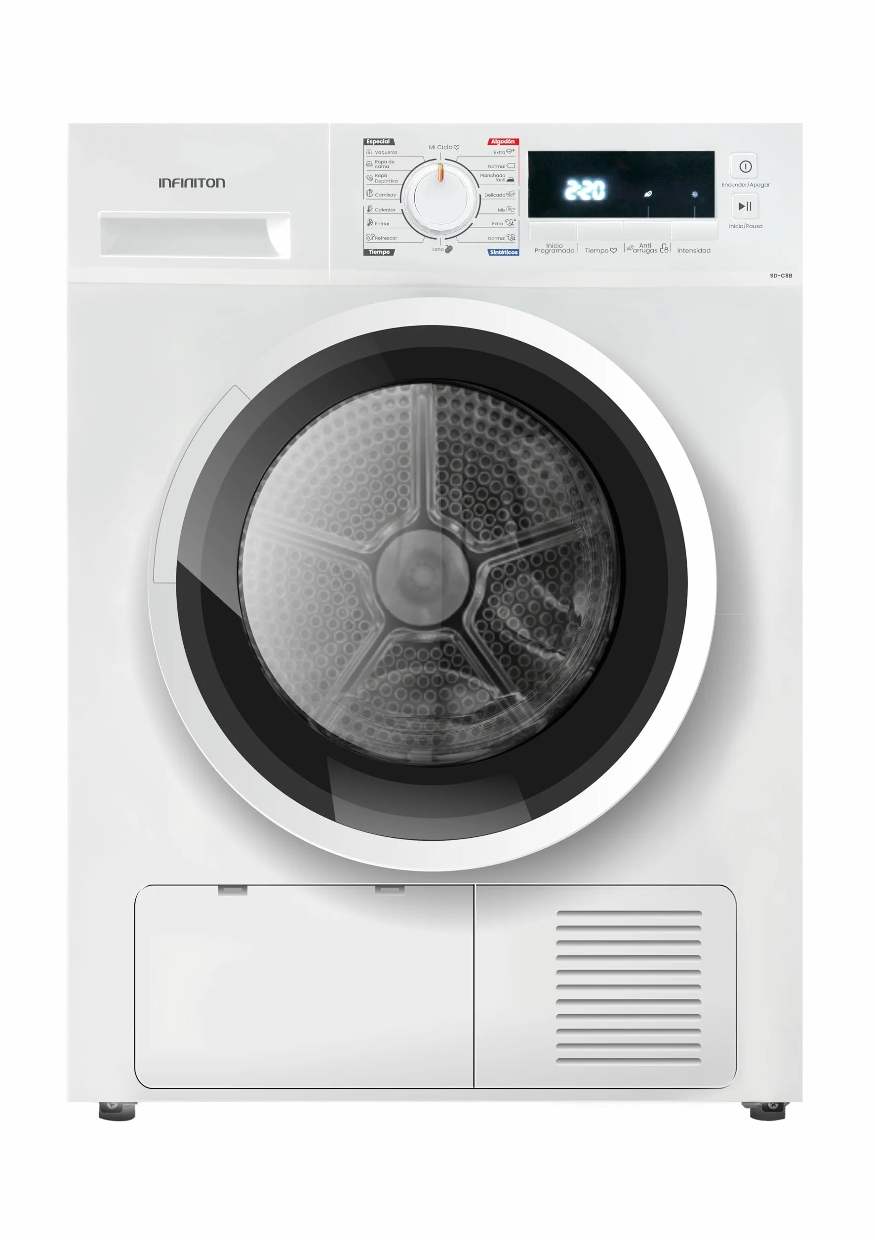 INFINITON | SD-C8B - Secadora Condensación | Función Easy Play | Display LED | 16 programas | Cesto Interior de Acero Galvanizado | Silent Mode | Capacidad 8 Kg | Acabado Blanco