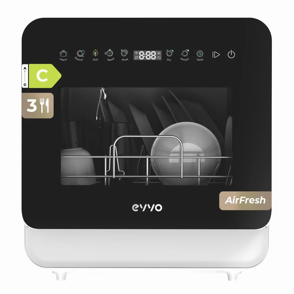 Lavavajillas EVVO Mini D Trip 3 – Lavavajillas Compacto Sobremesa, 3 Servicios, Clase Energética C, 6 Programas, Secado Extra Air Fresh, Panel LED Táctil, Inicio Diferido, Sin Instalación