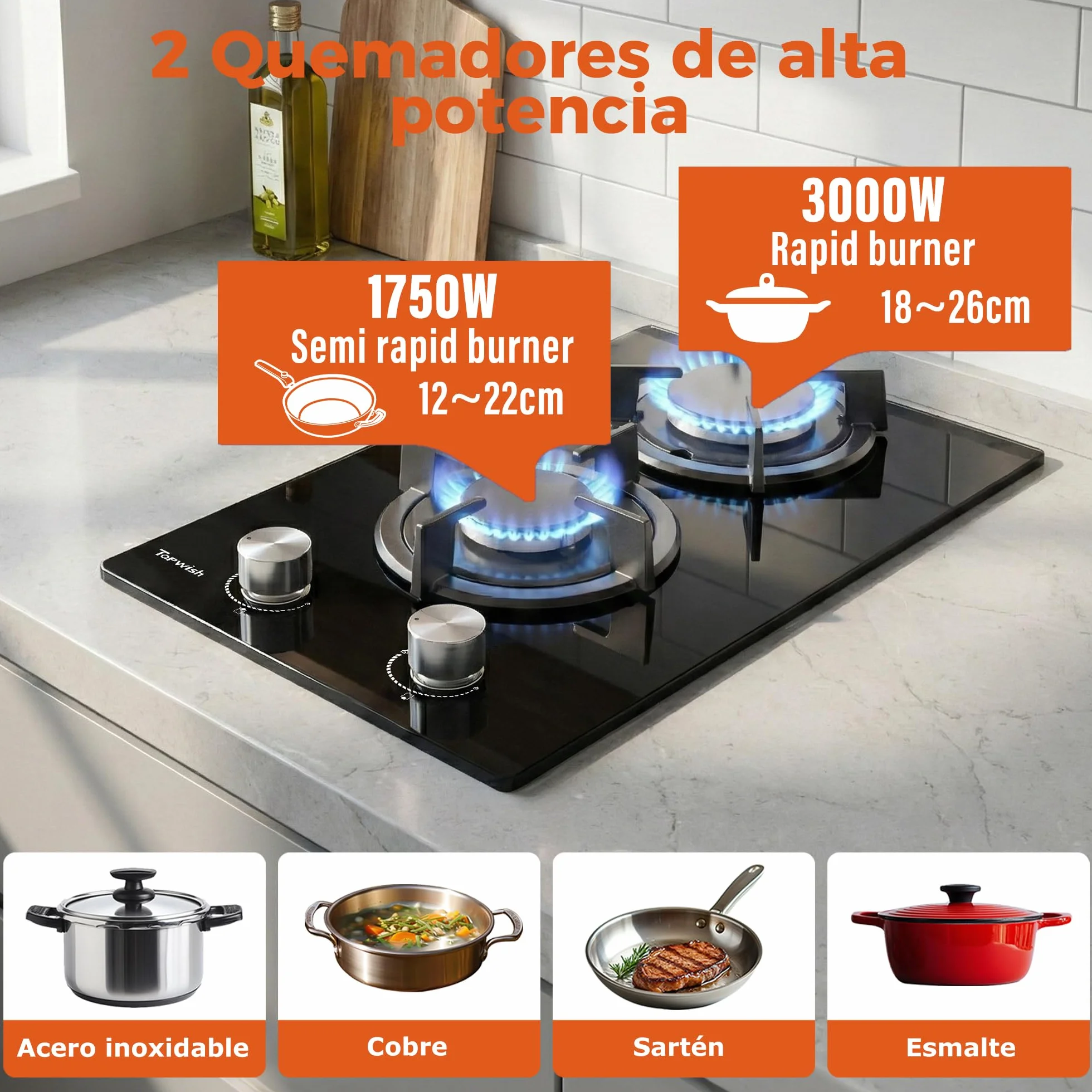 TOPWISH Placa de Gas Butano 2 Fuegos 4750W 30cm NG/LPG Convertible