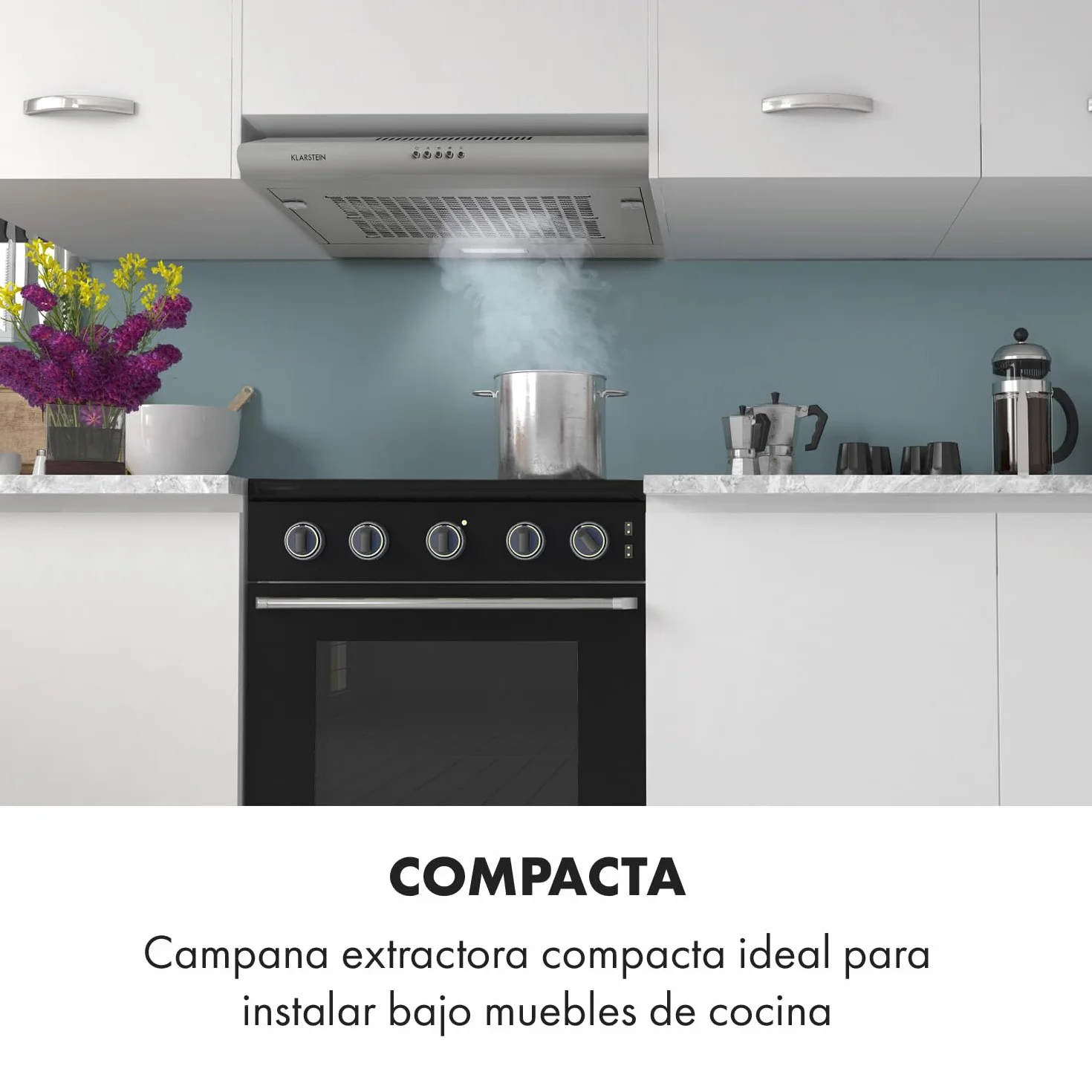 Klarstein Capannina - Campana extractora encastrable, Potencia extracción 166m³/h, 60cm, 3 potencias, EEC C, Panel de control, Filtro grasa de aluminio, Iluminación LED, Acero inoxidable, Plateado