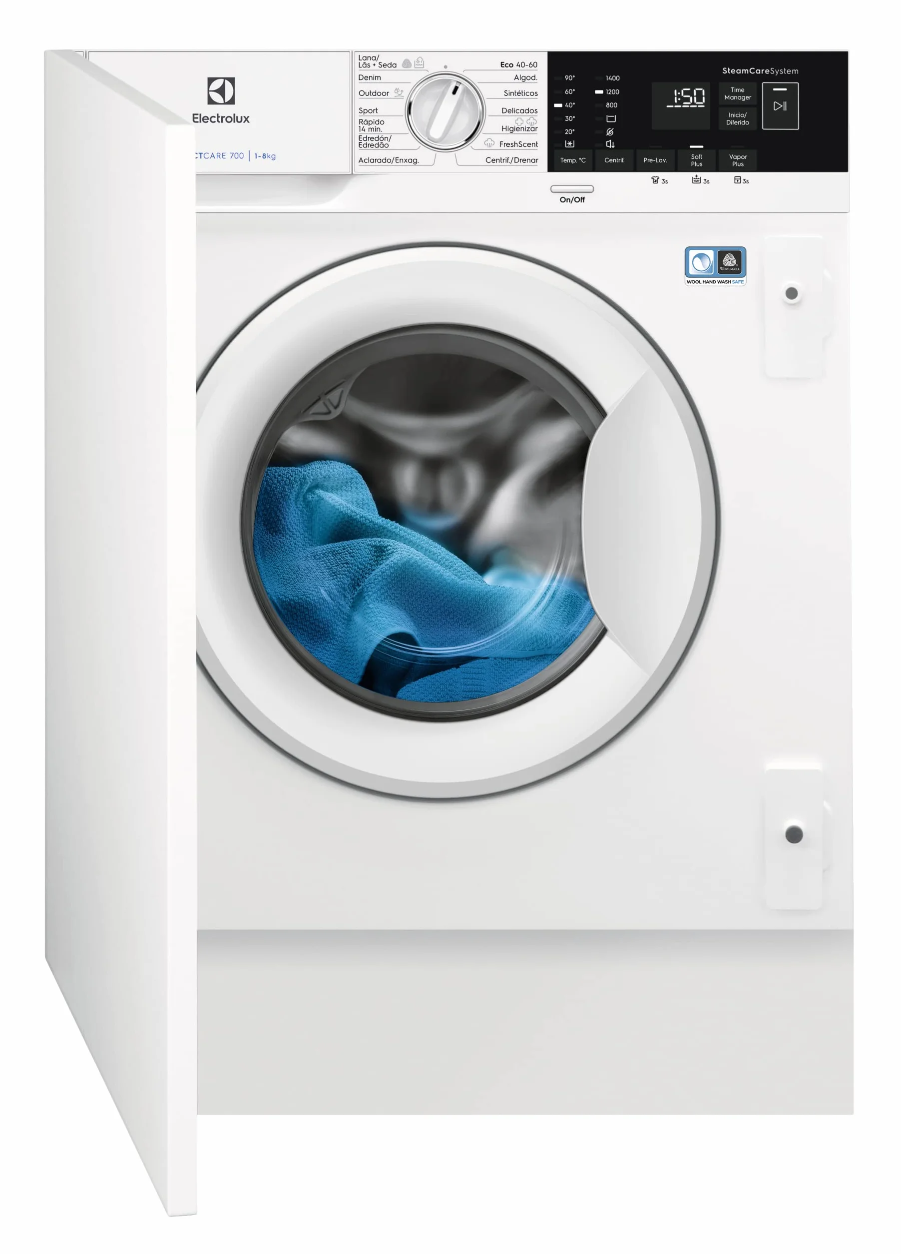 Electrolux EN7F4842OF Lavadora Integrable 8 kg, 1400 rpm, SteamCare con Vapor FreshScent, SensiCare, Time Manager, Display XL LCD, Motor Inverter, Programa Rápido, Certificado Woolmark Blue, Clase B