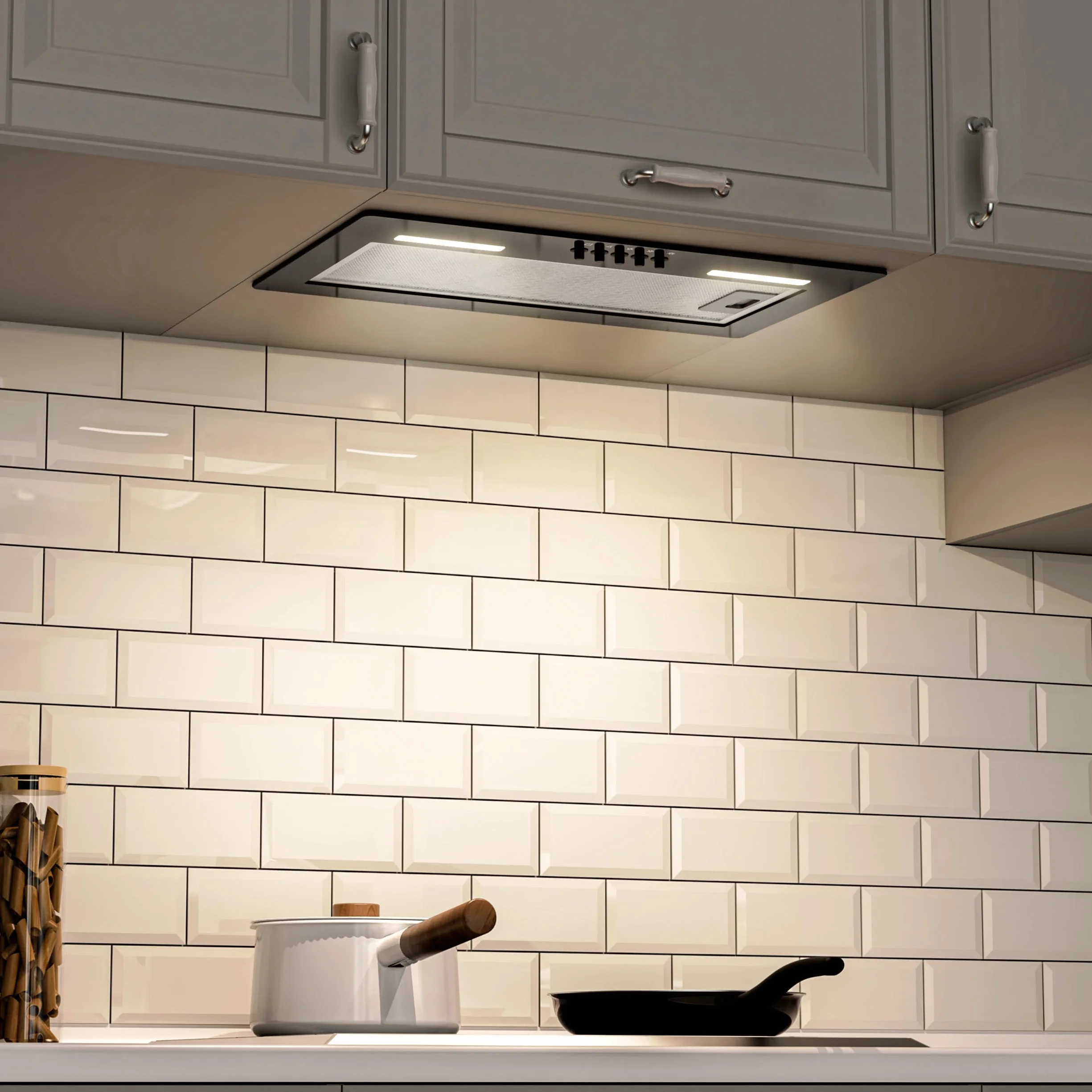 FIREGAS Campana Extractora Incorporada 52 cm,Campana de Cocina Negra con 3 Niveles de Potencia, 350 m³/h, Modo de Circulación de Aire, Filtro de Aluminio y Carbón