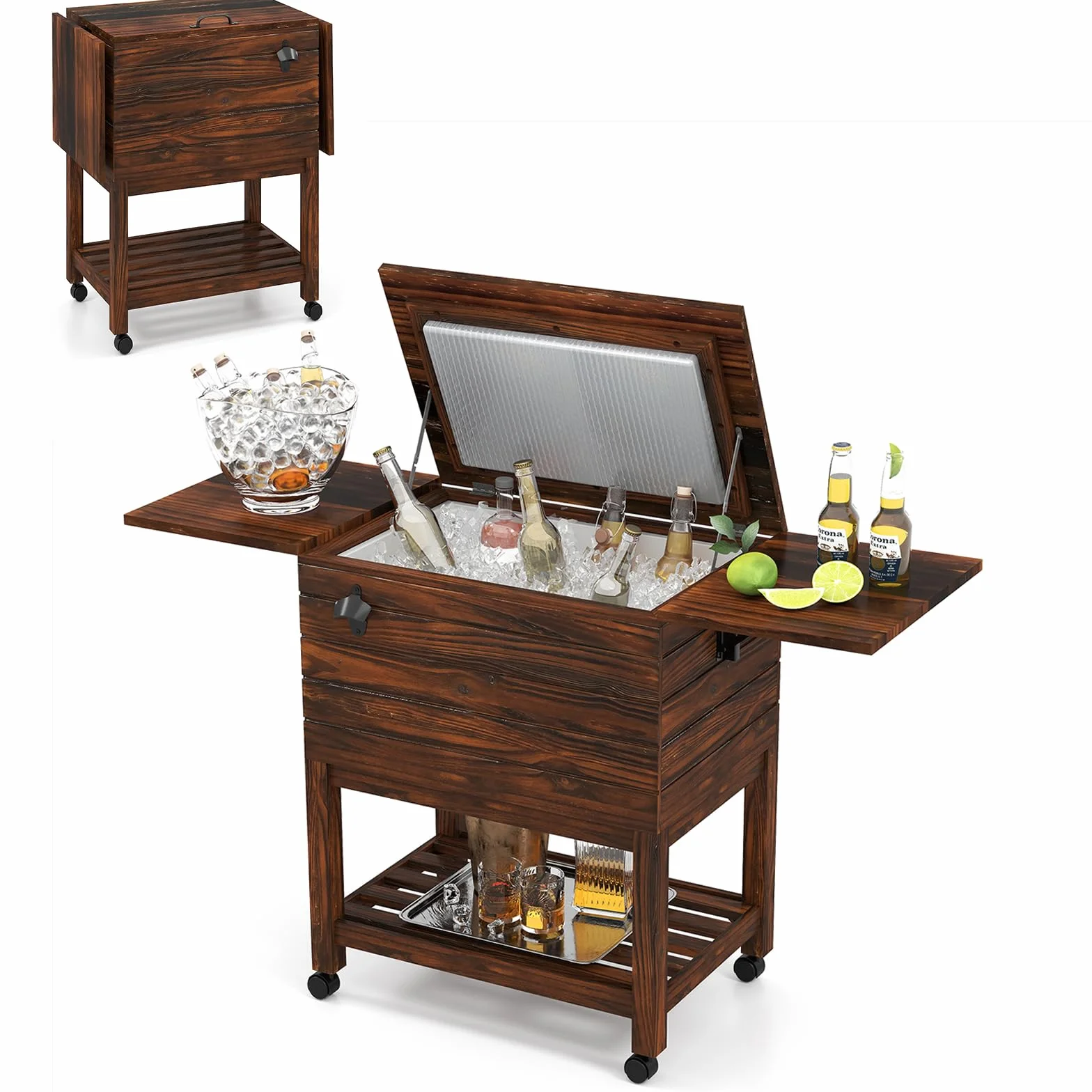 SOARS Nevera móvil para jardín, terraza, piscina, 51 l, bar, 128 x 42,5 x 74 cm, 2-4 horas, 4 ruedas universales, 2 estantes laterales plegables