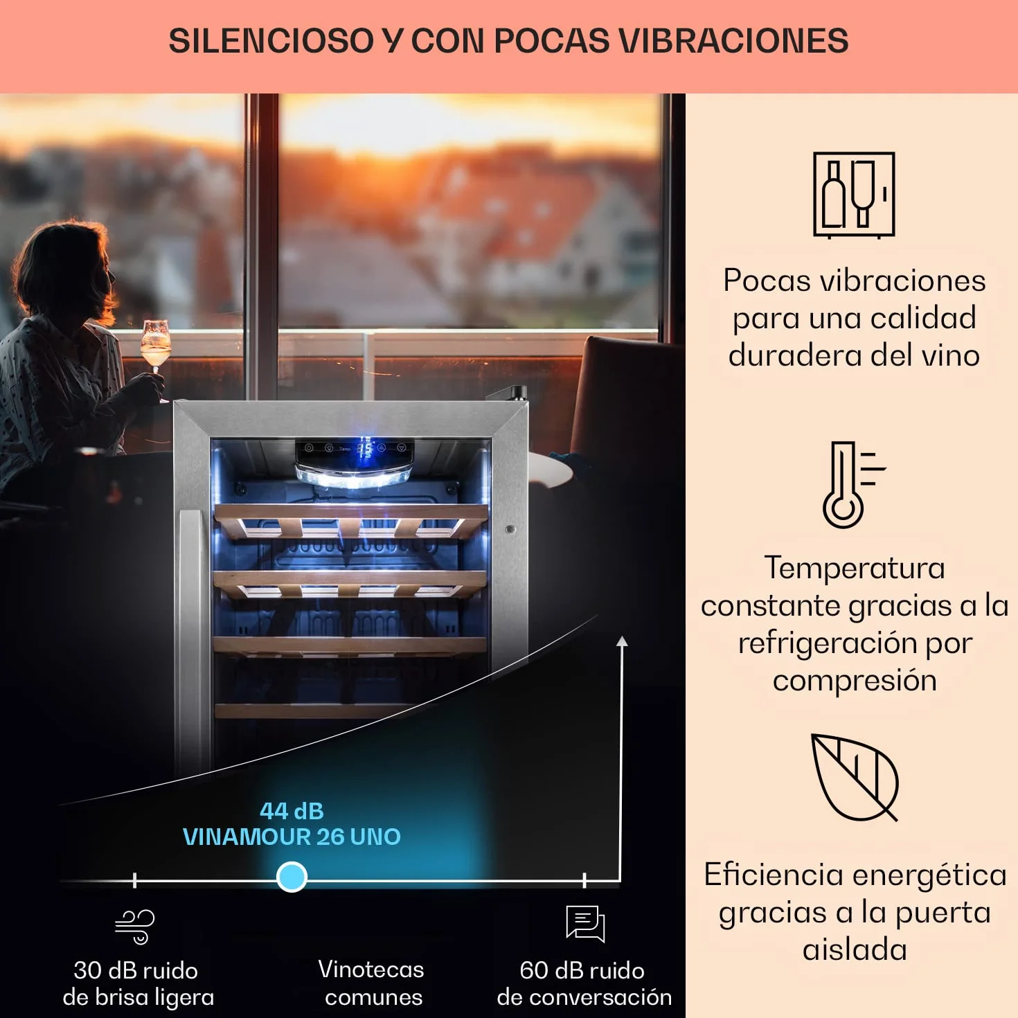 Klarstein Vinoteca 26 Botellas, Nevera Vinos, Una Zona de Refrigeración, Nevera Expositora Vino y Cerveza, Vinoteca Interior y Exterior con Puerta de Cristal, Nevera Vino con Protección UV, 5-18°C