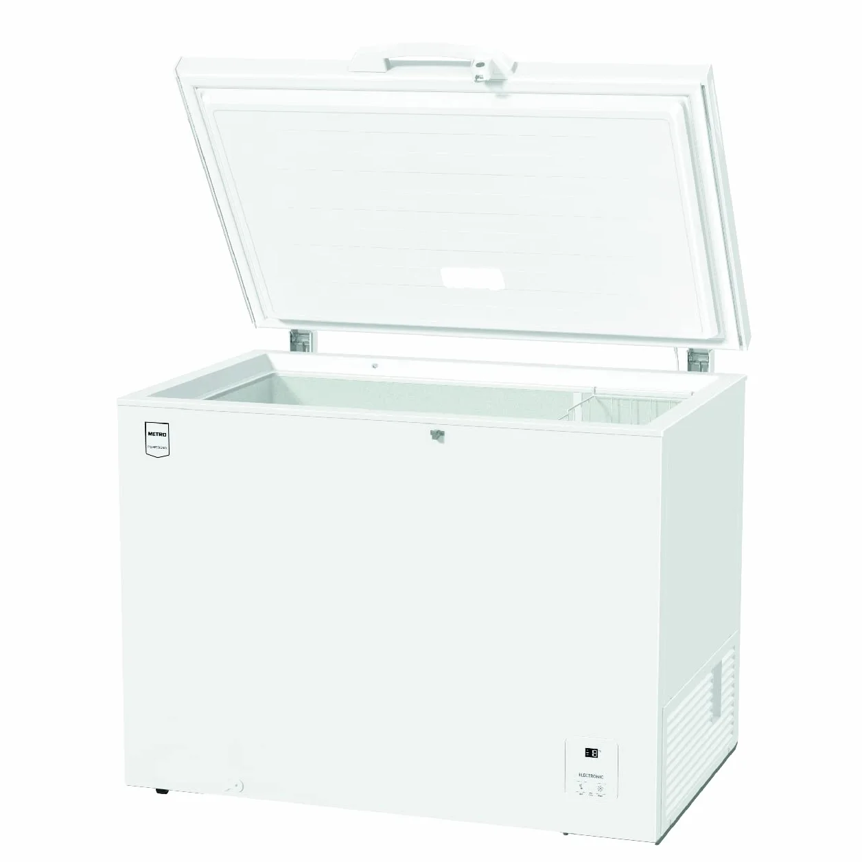 METRO Professional Congelador GHF1384, acero, 130x74x85 cm, 384L, 75W, 2 cestos, iluminación LED, 4 ruedas, con cerradura (384 L)
