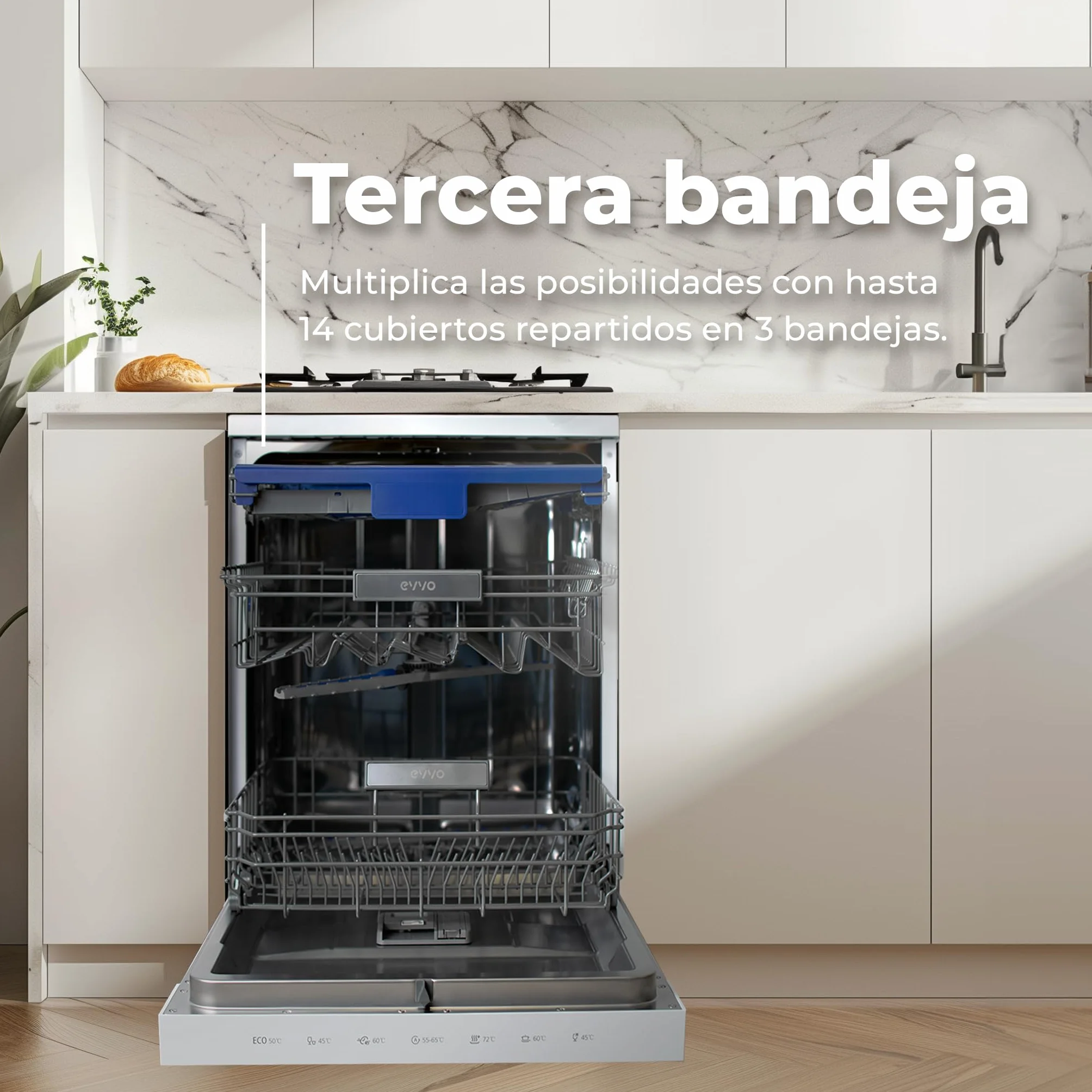 EVVO Lavavajillas 60 cm 14 Cubiertos Tercera Bandeja Eficiencia B 8 Programas D5X Inox