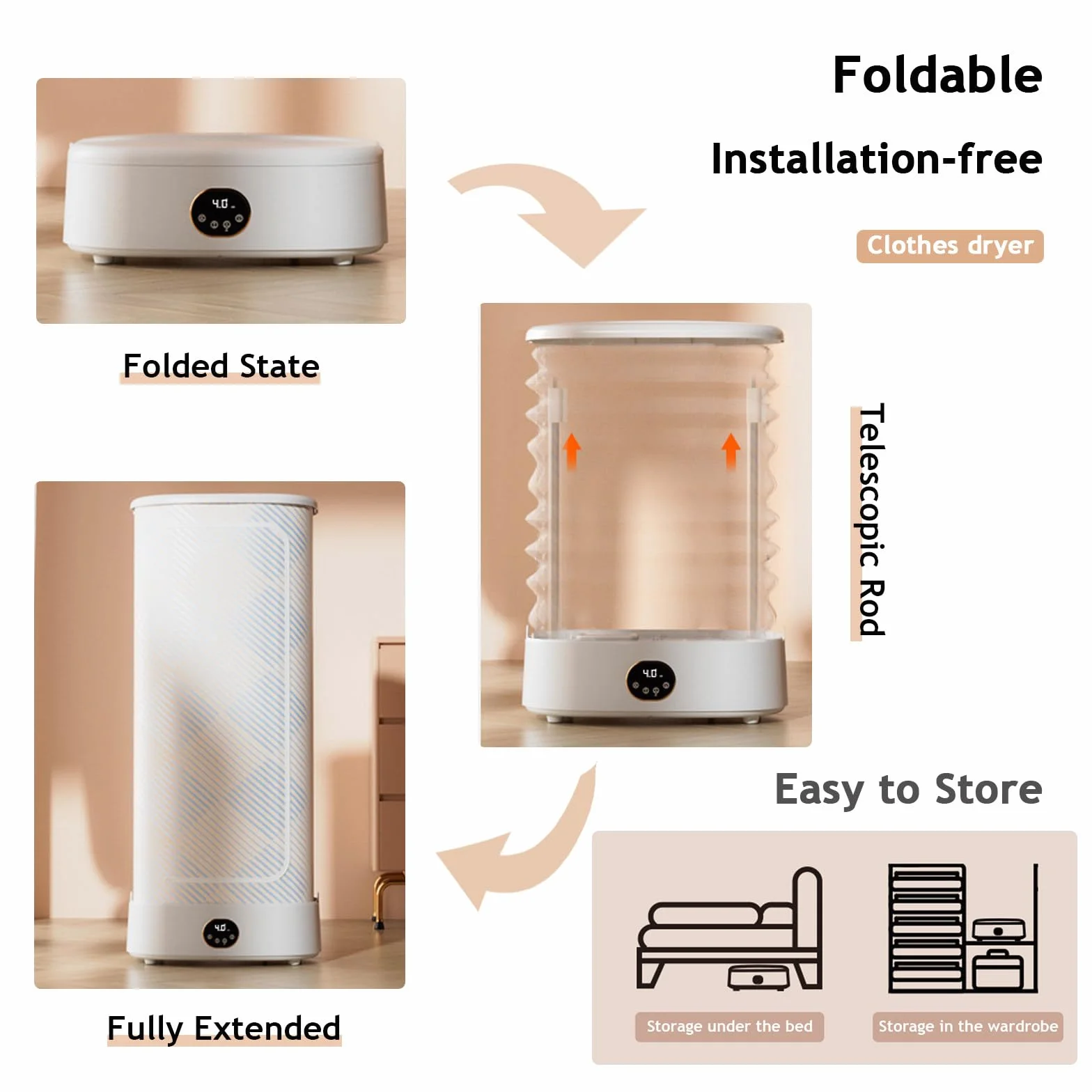 Secadora portátil, Secadora eléctrica con función de Planchado a Vapor y Temporizador de 240 Minutos, Secadora a Vapor Inteligente Plegable para Ropa y Telas, rápida y fácil de Usar