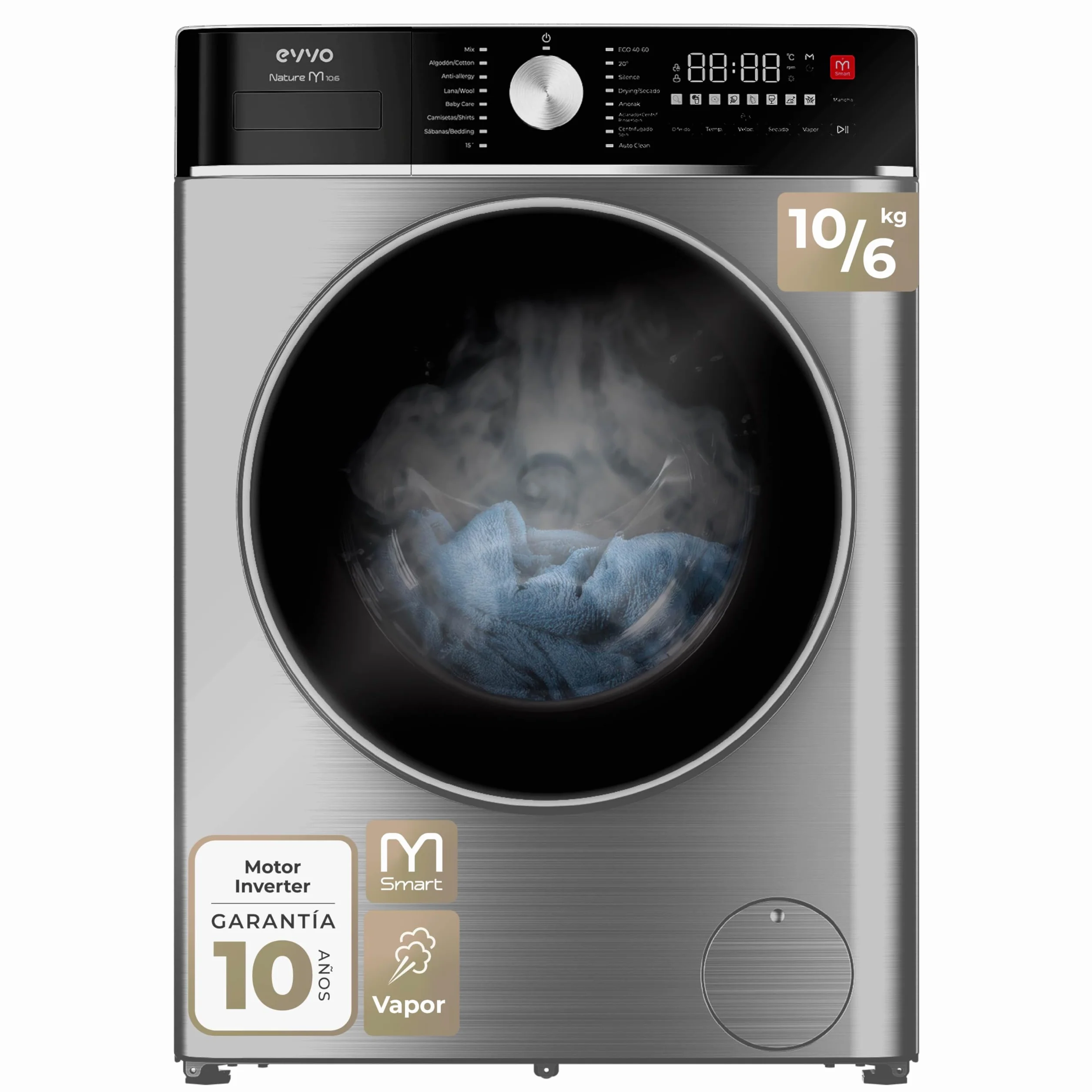 EVVO Lavadora-Secadora Nature M10/6X 10 kg 1400 rpm Motor BLDC Inverter Steam Wash Inox
