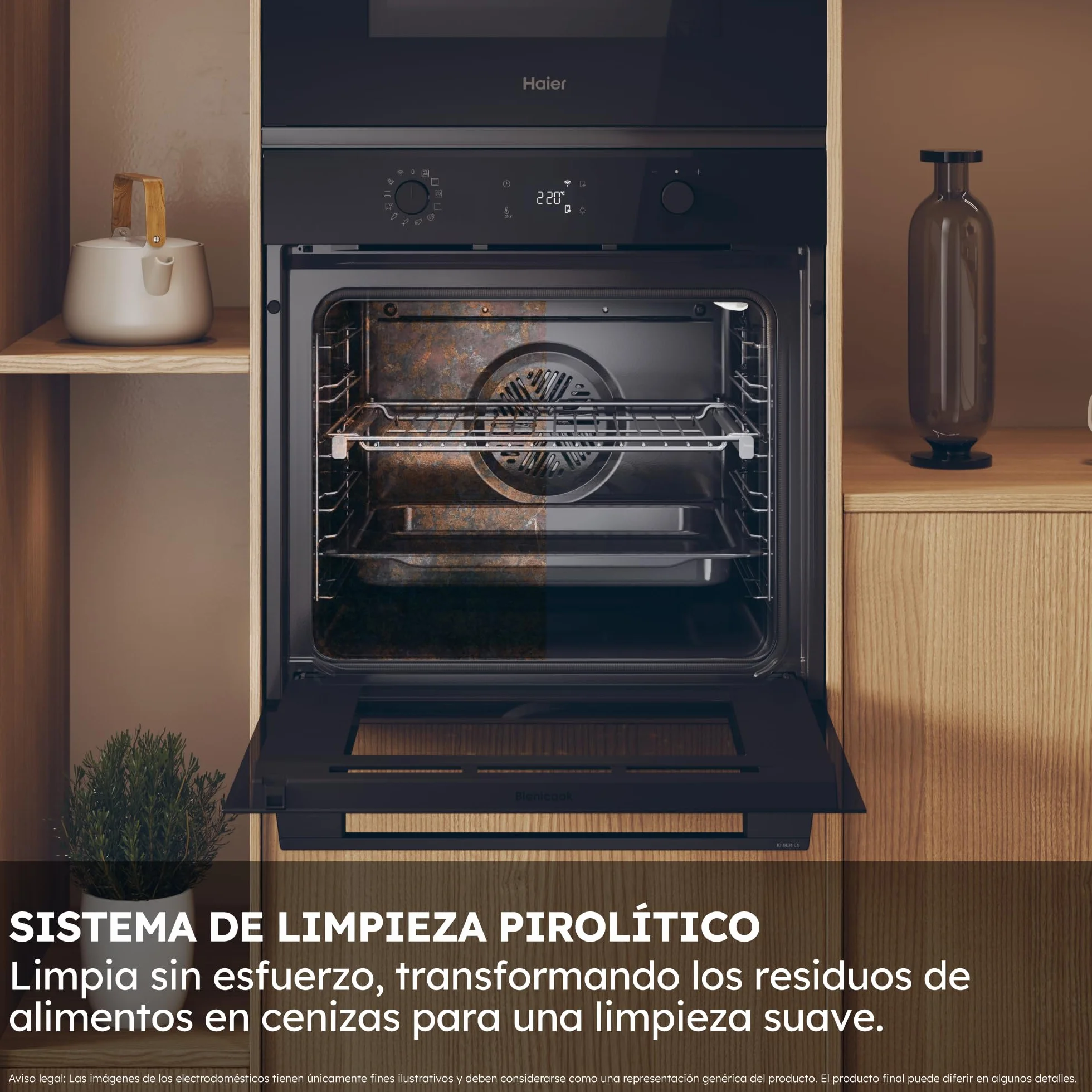 Haier ID Series 2 H6 ID2P5B3YTB - Horno Multifunción Pirolítico e Hidrolítico, Conectividad WIFI, 78L, Cocción multinivel, 12 Funciones, Display táctil y Mandos giratorios, Guía Telescópica, Negro