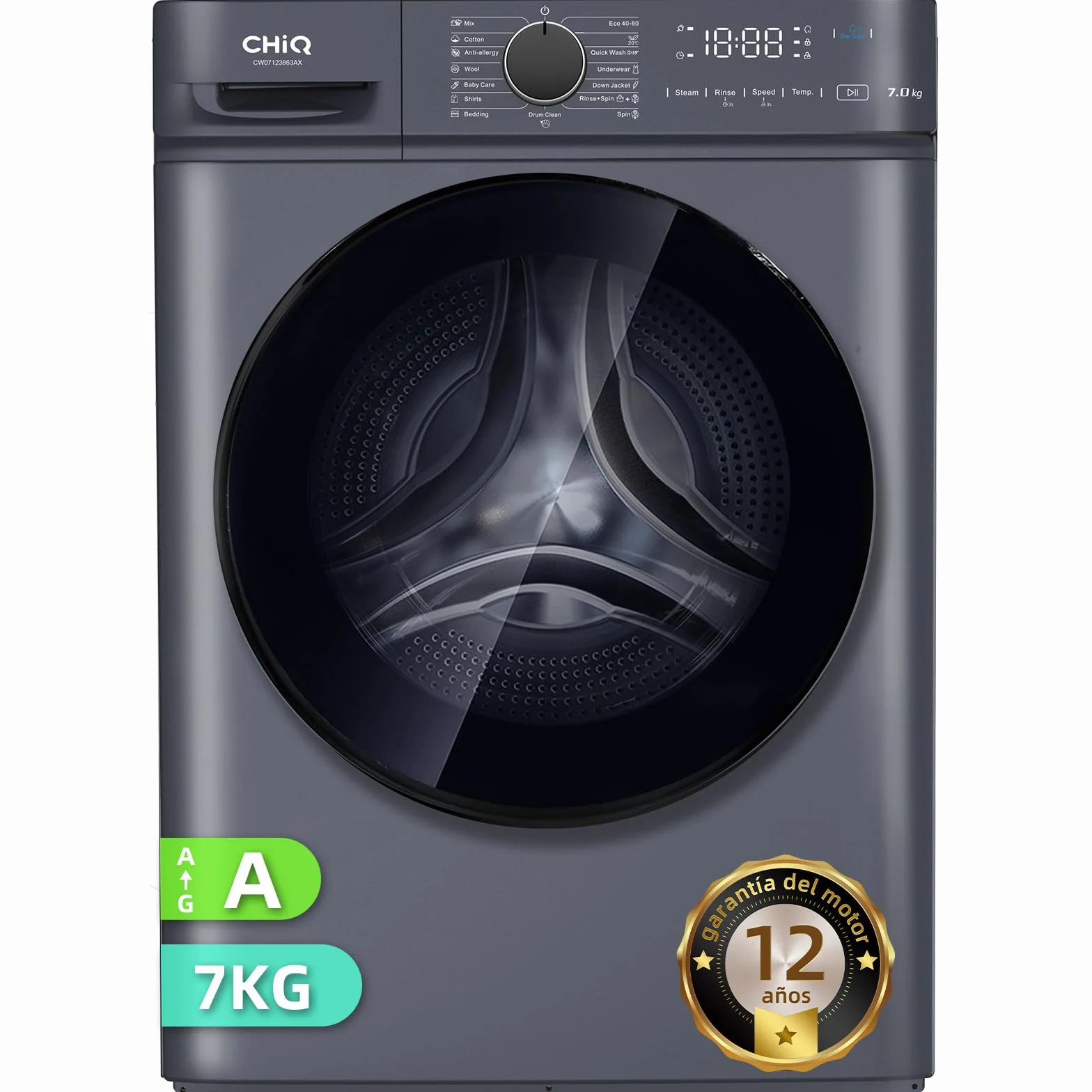 CHiQ Lavadora Carga Frontal 7kg 1200 RPM Motor Inverter Clase A Gris