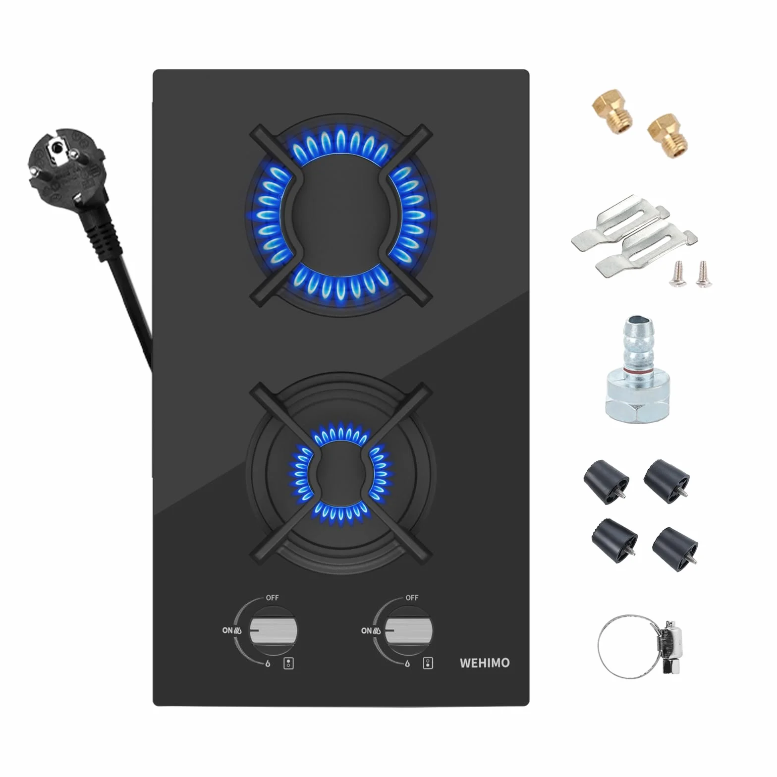 WEHIMO - Placa de cocina de gas de 2 fuegos, 2 fuegos empotrable, rejilla hierro fundido, 3700 W, gas ciudad y botella, cristal negro