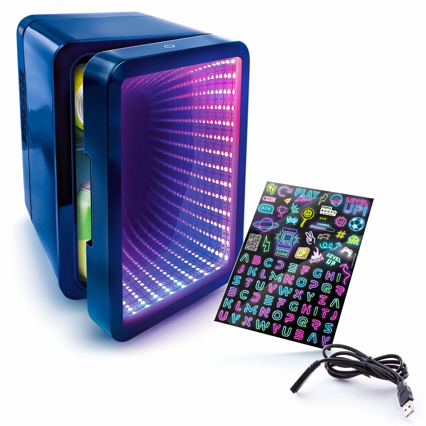 So Chill - Mini nevera con efecto LED infinito, jugadores, estudiantes, viajes en casa/coche, Hangouts + más, alimentado por USB, calcomanías incluidas, 6 latas regulares, puerta con efecto espejo