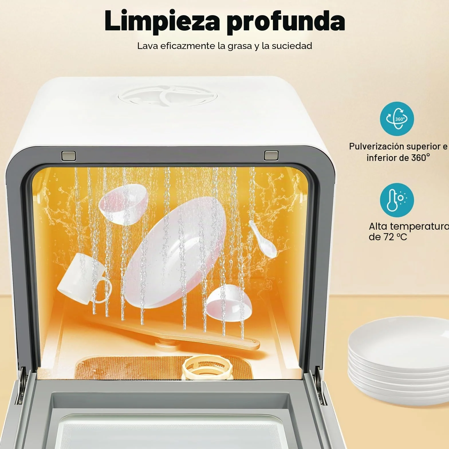 Mini Lavavajillas, Lavavajillas de Mesa para 4-6 Personas, Lavavajillas de Mesa Energéticamente Eficiente con 4 Programas, Secado por Aire Caliente y Antibacteriano por 72h, Blanco