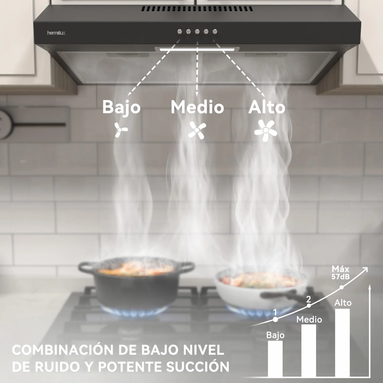 Hermitlux Campana Extractora de 60cm, 200m³/h, Evacuación/Recirculación, Iluminación LED, Incluye Filtro de Carbón Activado, Acero Inoxidable Negro