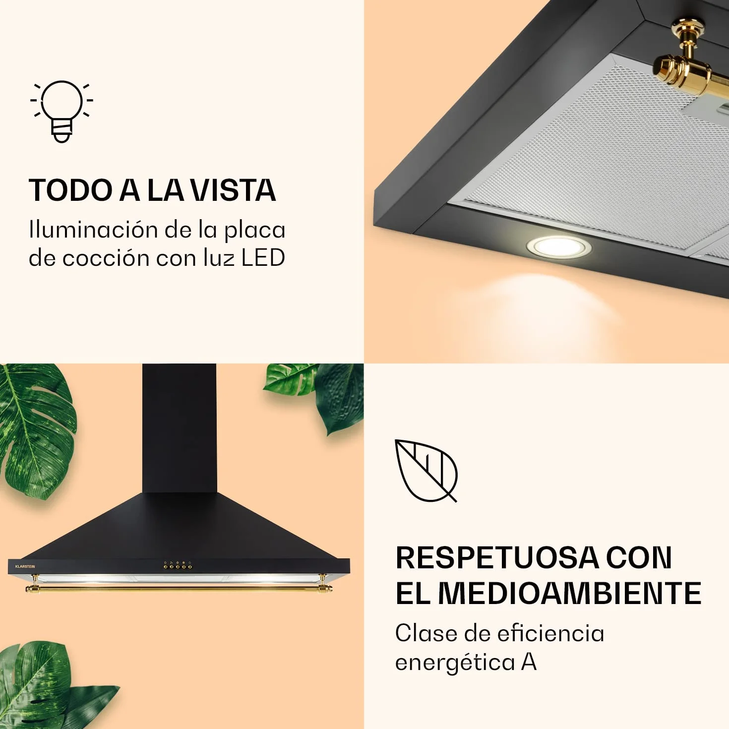 Klarstein Campana Extractora Decorativa 90 cm con Luces LED, Extractor Cocina Flujo Aire 591.5m³/h, Campanas Extractoras Acero, Extractores para Cocina con Filtros Anti Grasa con Bajo Consumo
