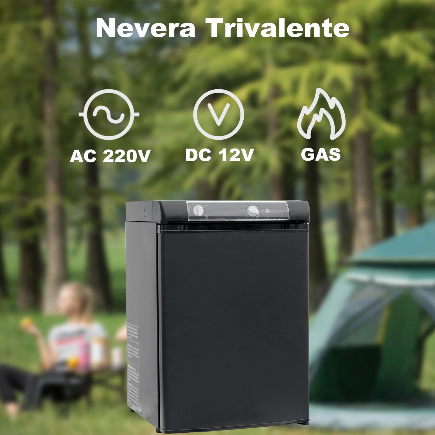 Nevera Trivalente 40L, Nevera de Gas Butano 12V 220V Gas, Nevera a Gas Butano para Camper, Camping, Camion, Furgoneta, Silencioso, Negro